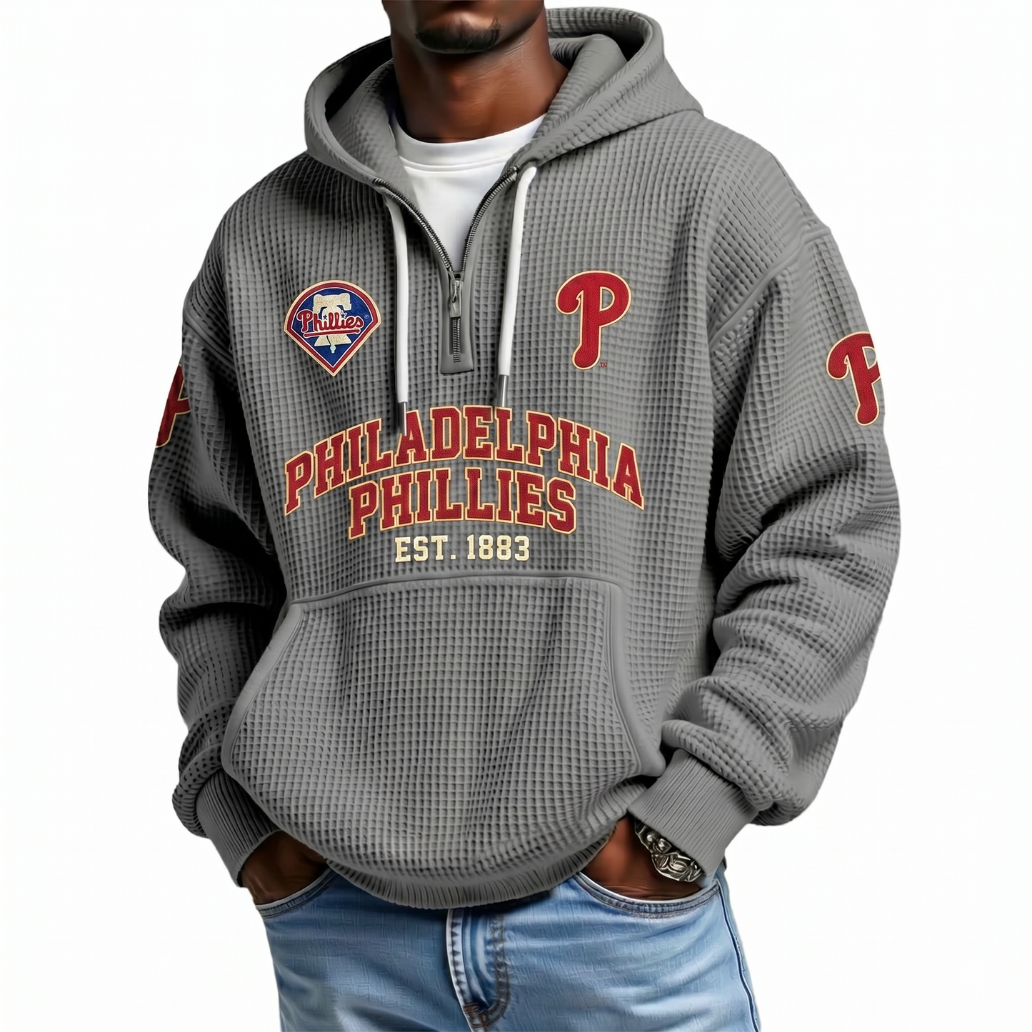 Philadelphia Phillies EST 1883 Printed Waffle Quarter Zip Baseball Fan Hoodie