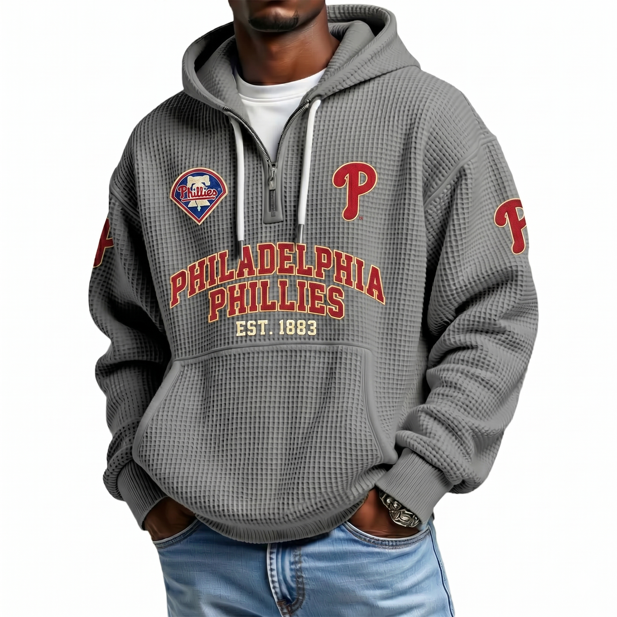 Philadelphia Phillies EST 1883 Printed Waffle Quarter Zip Baseball Fan Hoodie