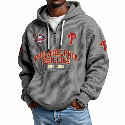 Philadelphia Phillies EST 1883 Printed Waffle Quarter Zip Baseball Fan Hoodie