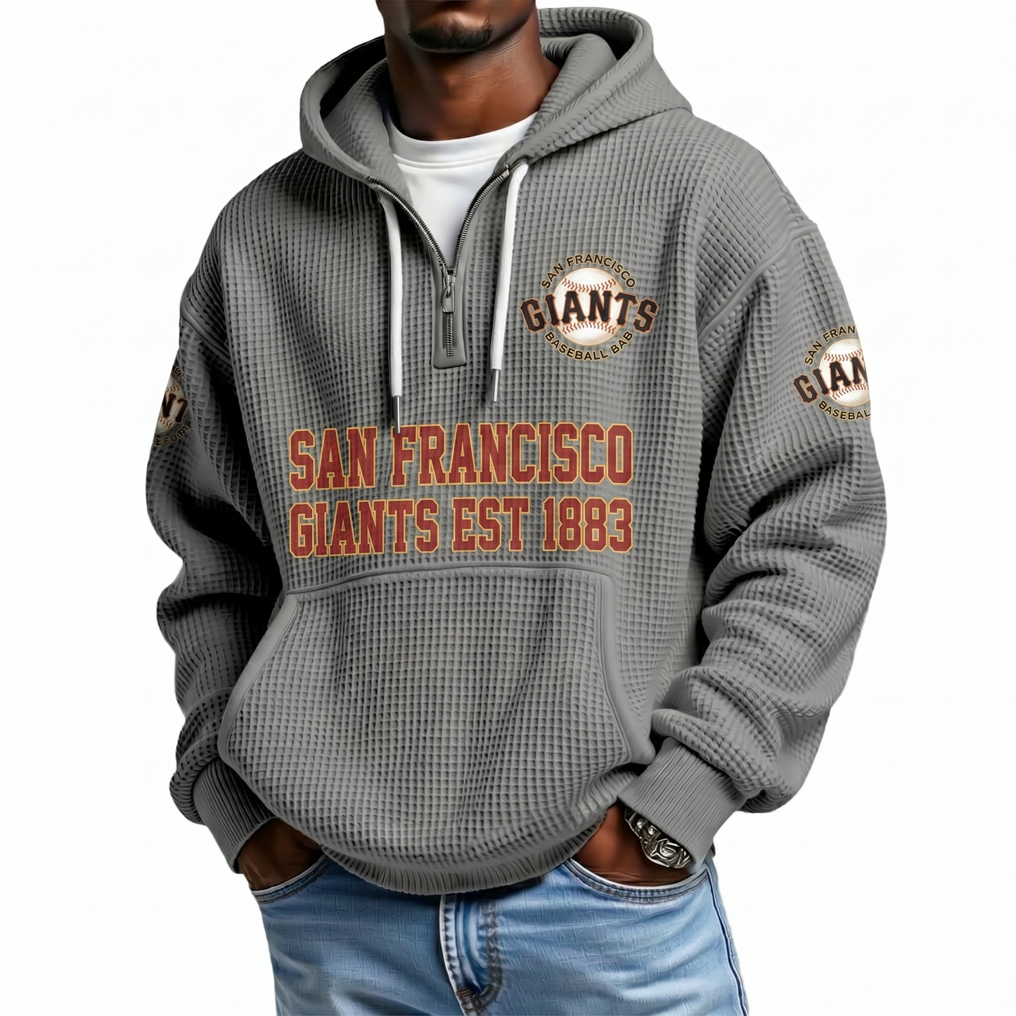 San Francisco Giants EST 1883 Printed Waffle Quarter Zip Baseball Fan Hoodie