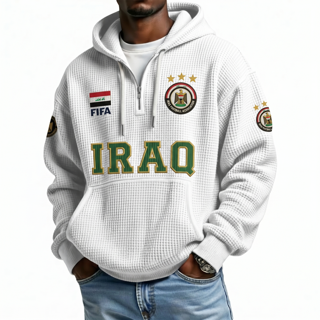 FIFA 2026 Iraq Printed Waffle Quarter Zip Football Fan Hoodie