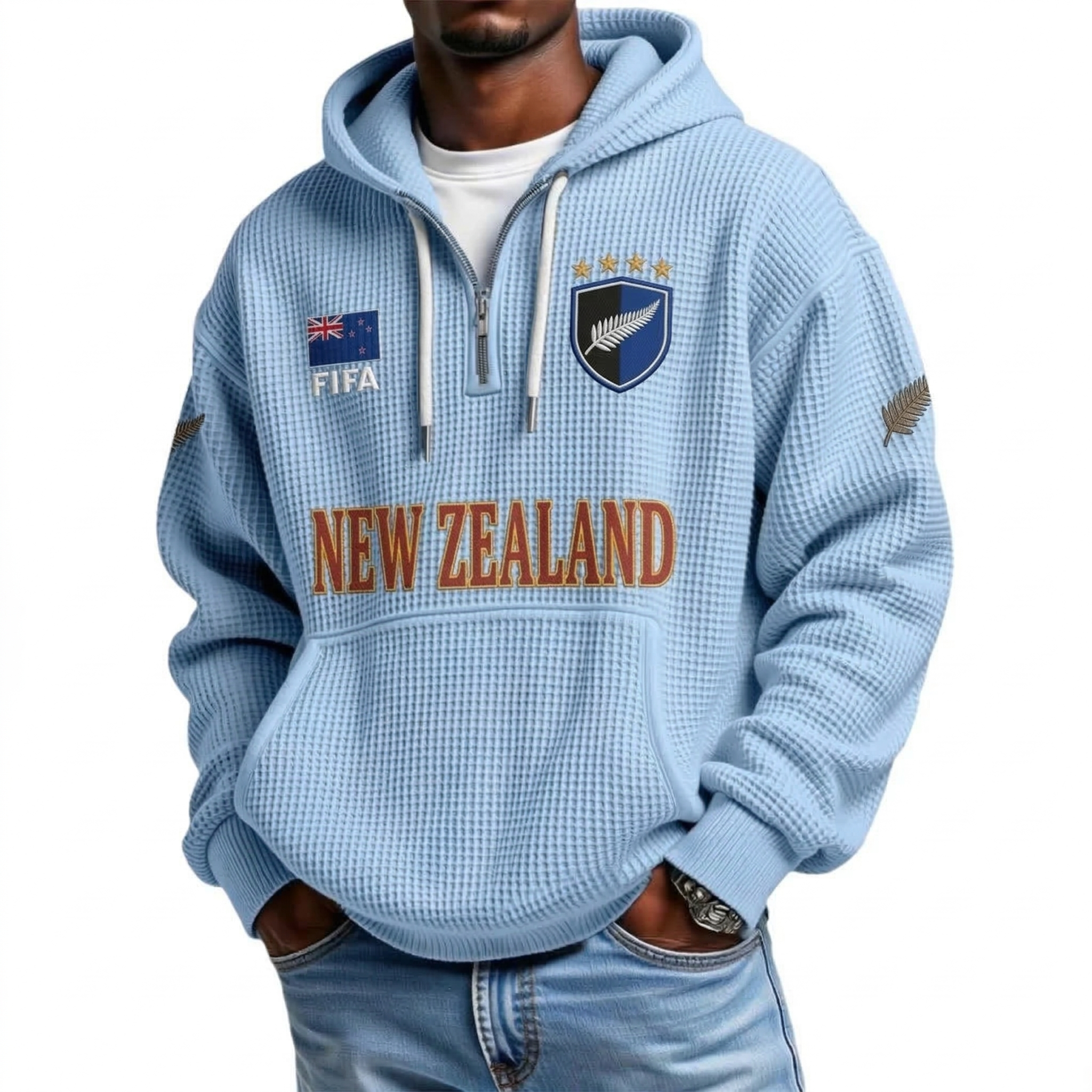 FIFA 2026 New Zealand Printed Waffle Quarter Zip Football Fan Hoodie