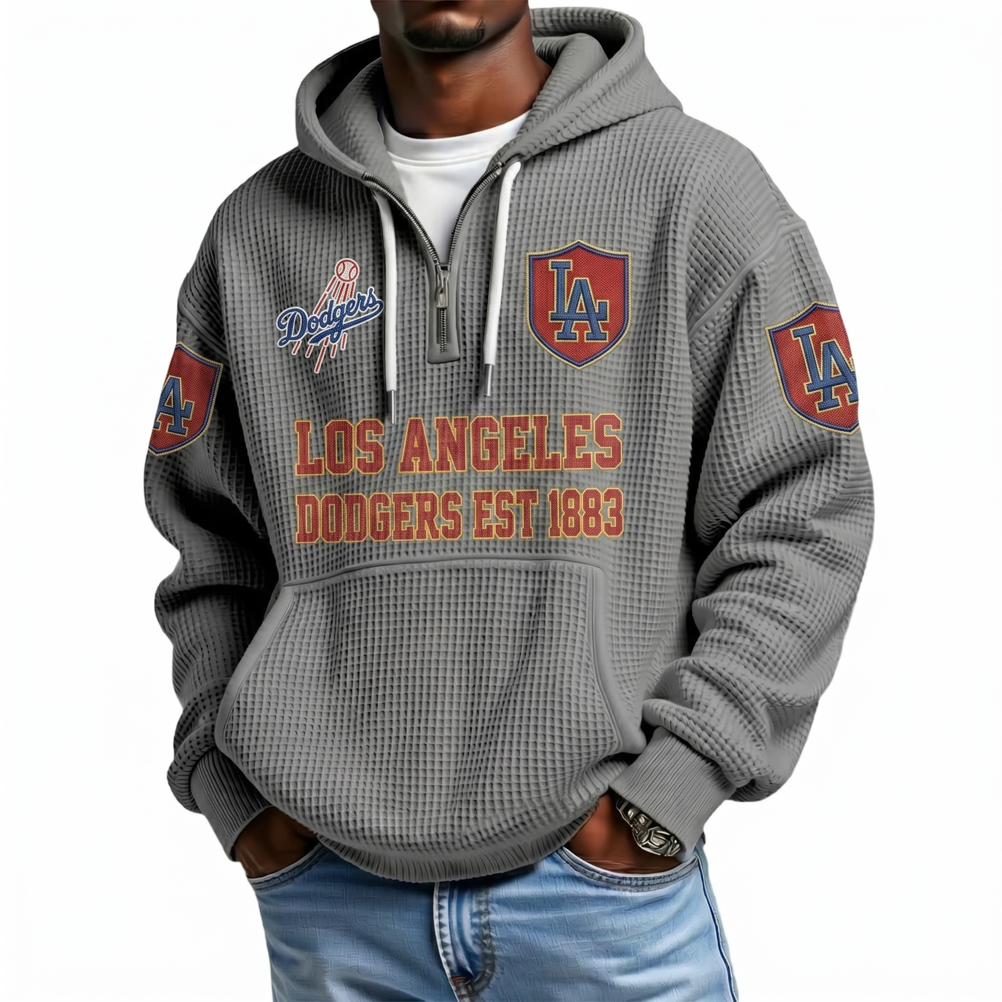 Los Angeles Dodgers EST 1883 Printed Waffle Quarter Zip Baseball Fan Hoodie