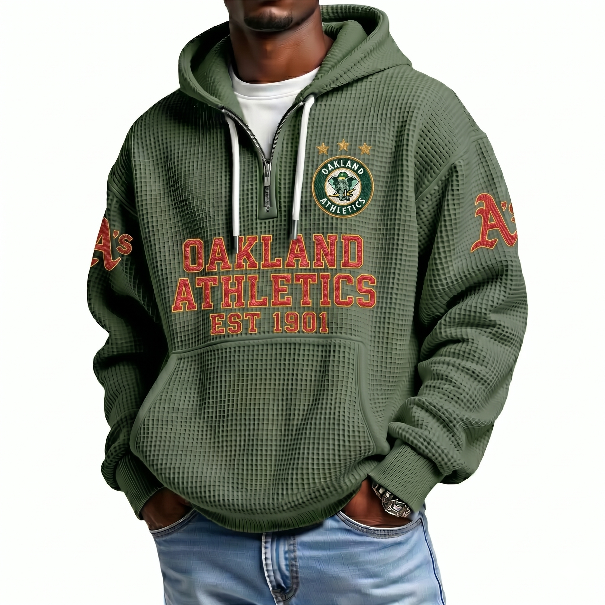 Oakland Athletics EST 1901 Printed Waffle Quarter Zip Baseball Fan Hoodie