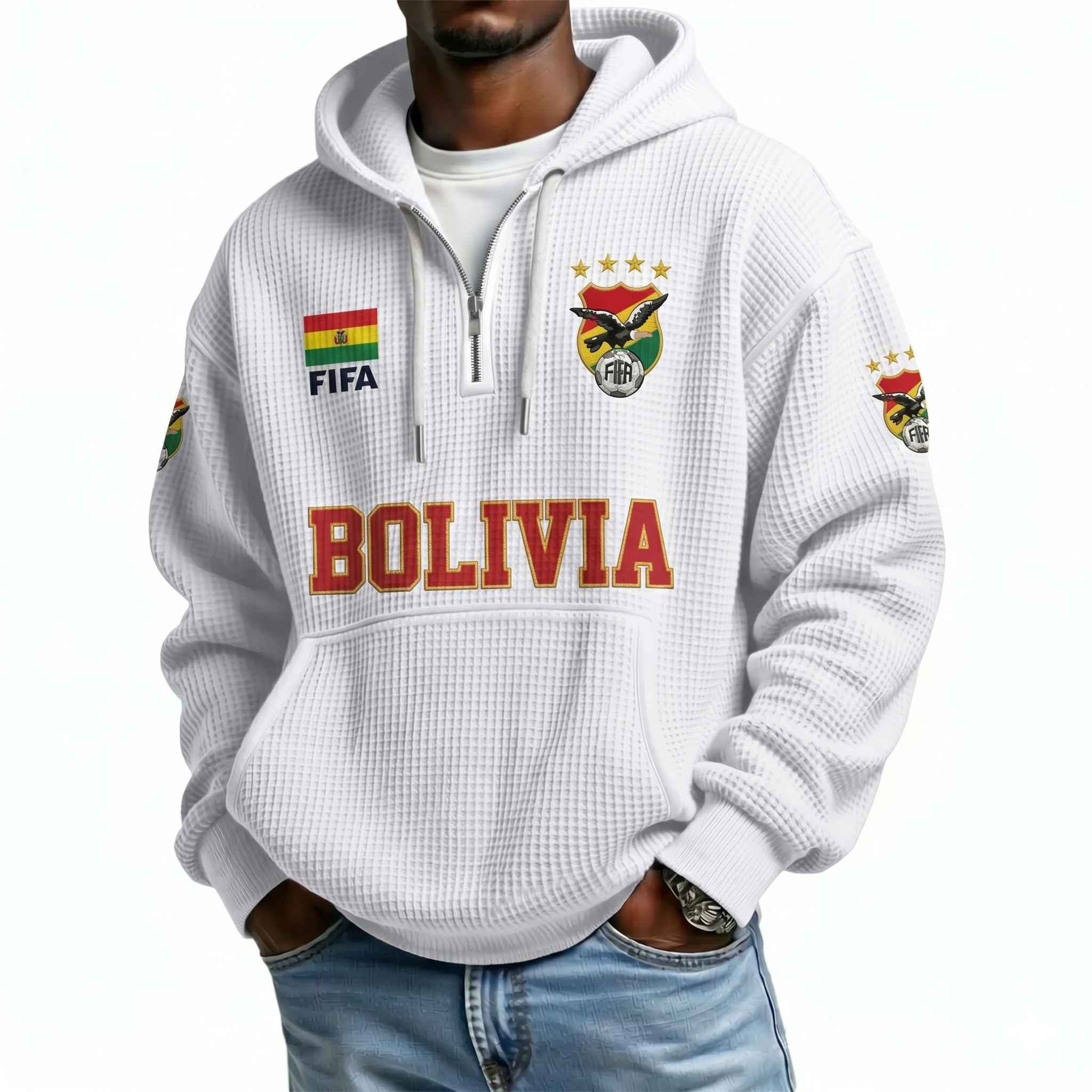 FIFA 2026 Bolivia Printed Waffle Quarter Zip Football Fan Hoodie