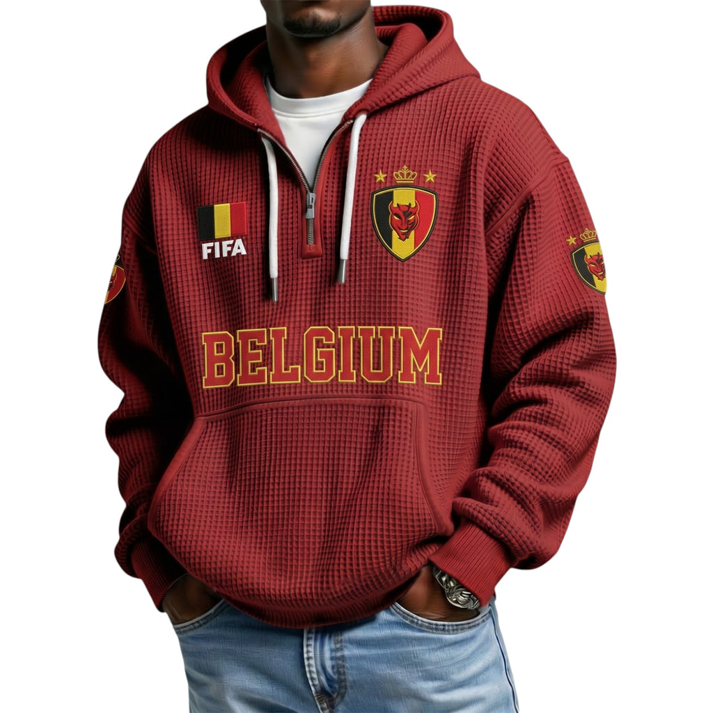 FIFA 2026 Belgium Printed Waffle Quarter Zip Football Fan Hoodie