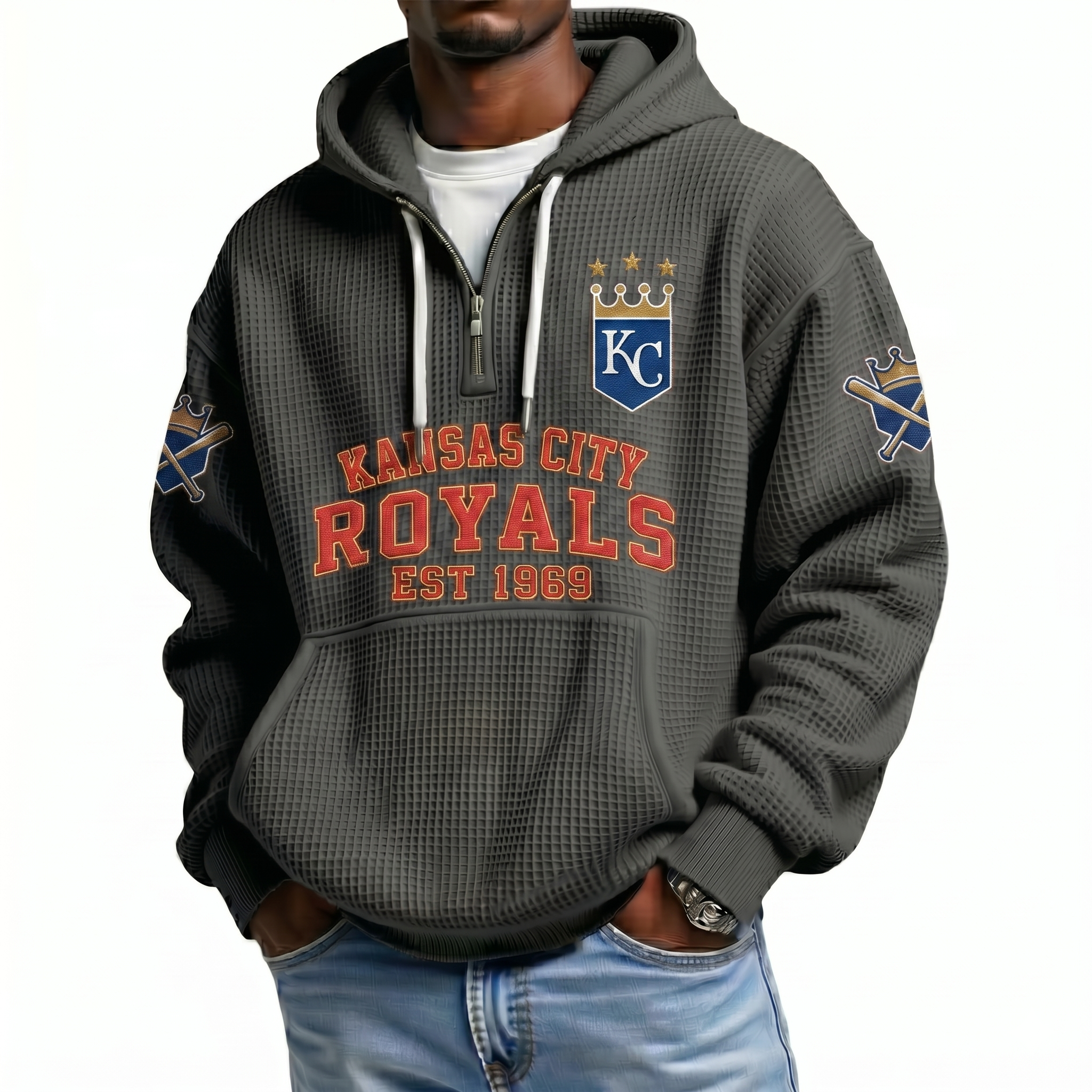 Kansas City Royals EST 1969 Printed Waffle Quarter Zip Baseball Fan Hoodie