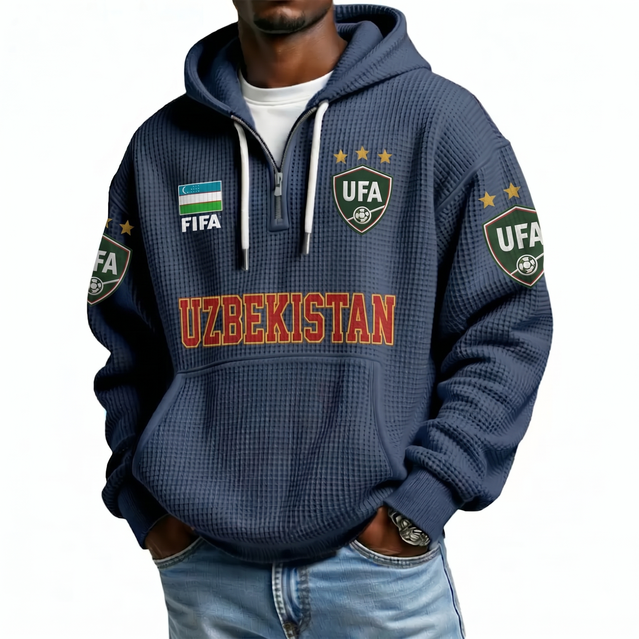 FIFA 2026 Uzbekistan Printed Waffle Quarter Zip Football Fan Hoodie