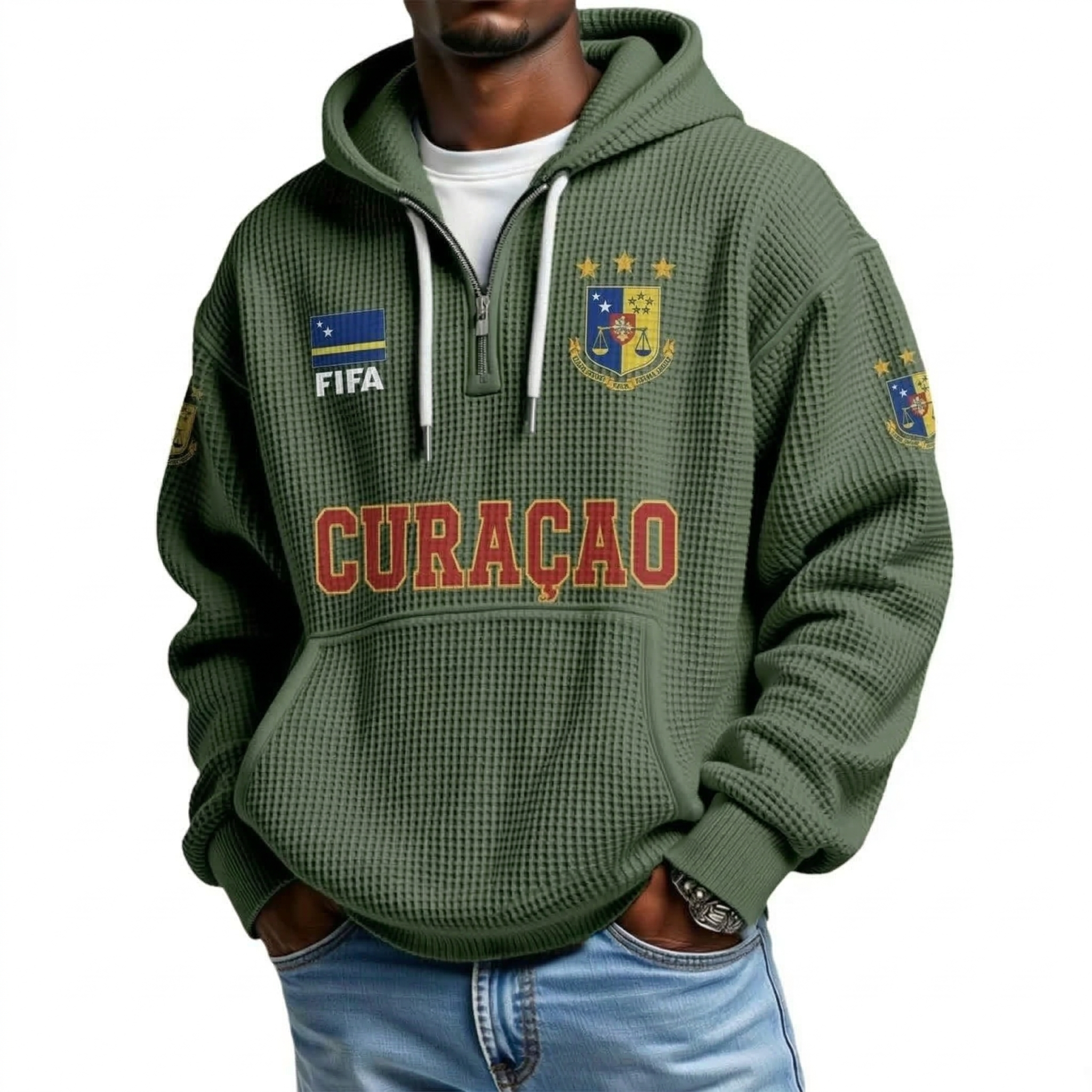 FIFA 2026 Curaçao Printed Waffle Quarter Zip Football Fan Hoodie