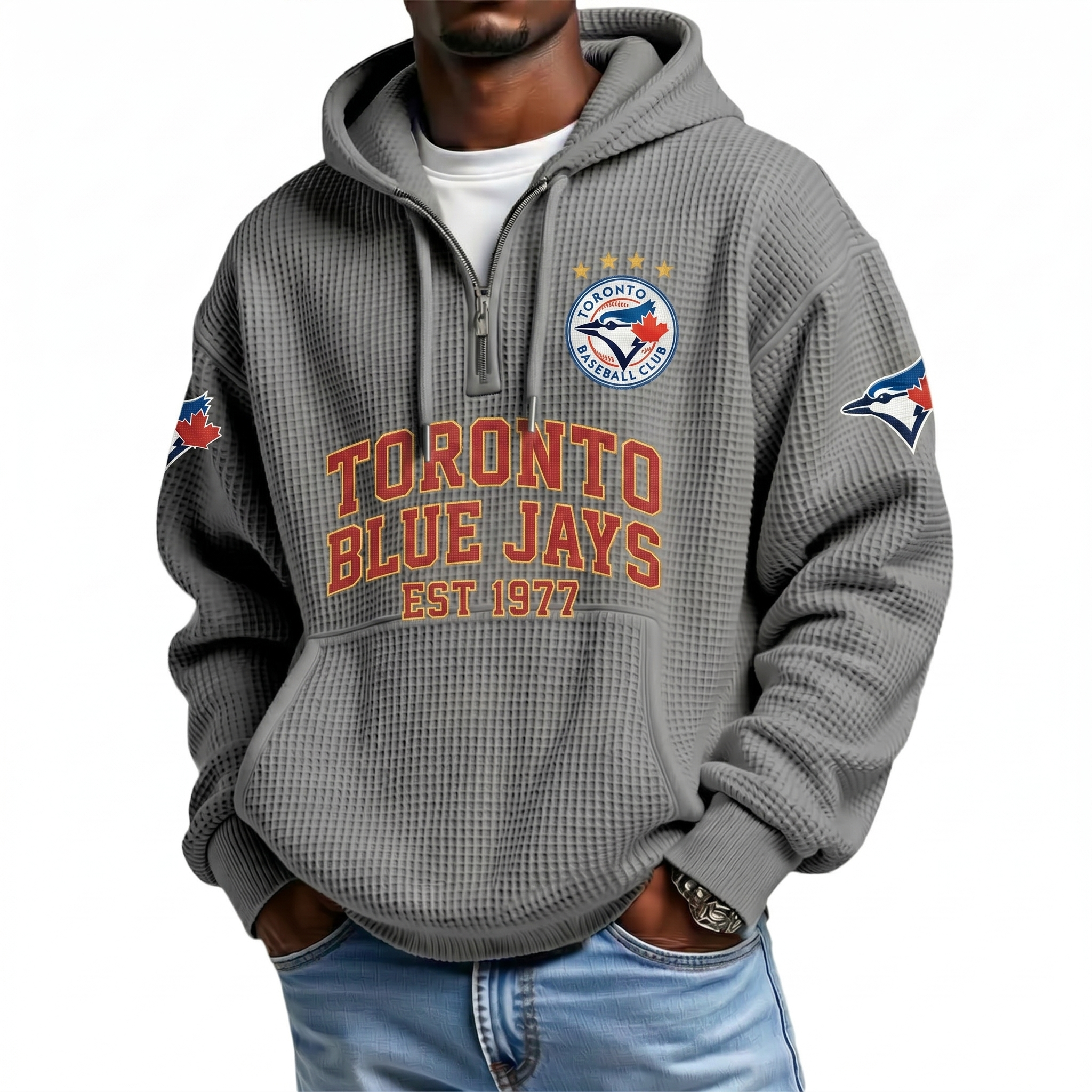 Toronto Blue Jays EST 1977 Printed Waffle Quarter Zip Baseball Fan Hoodie