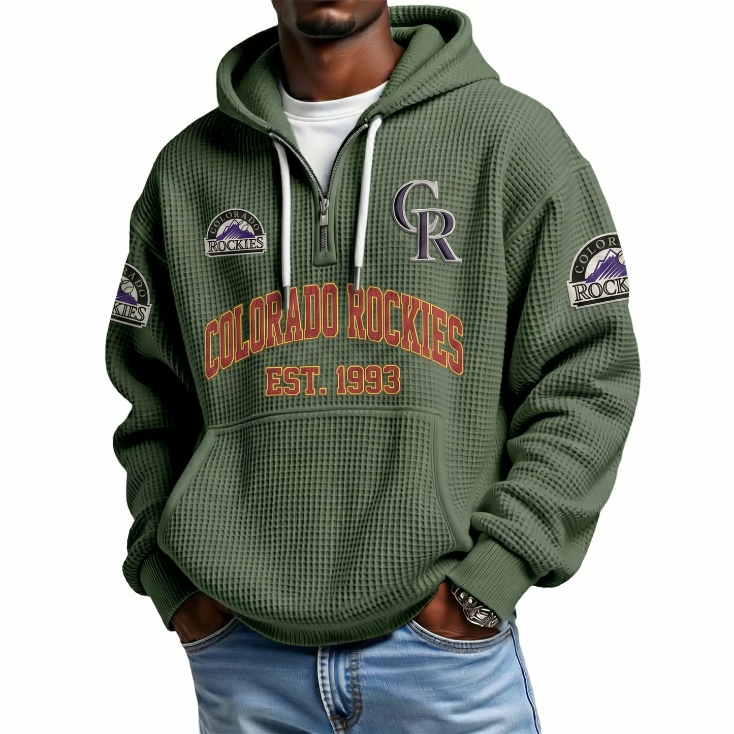 Colorado Rockies EST 1993 Printed Waffle Quarter Zip Baseball Fan Hoodie