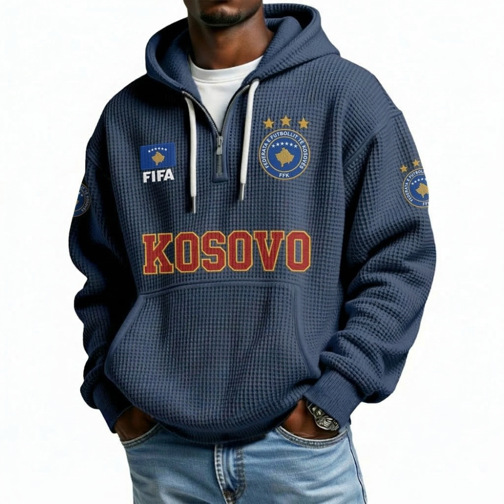 FIFA 2026 Kosovo Printed Waffle Quarter Zip Football Fan Hoodie