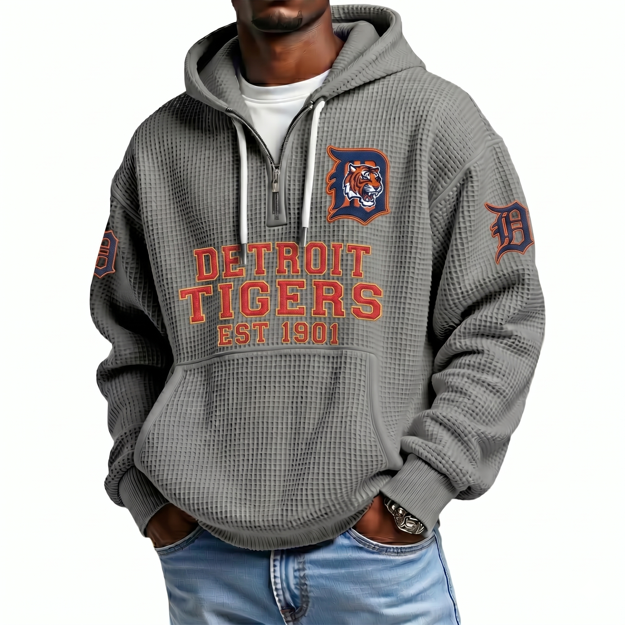 Detroit Tigers EST 1901 Printed Waffle Quarter Zip Baseball Fan Hoodie
