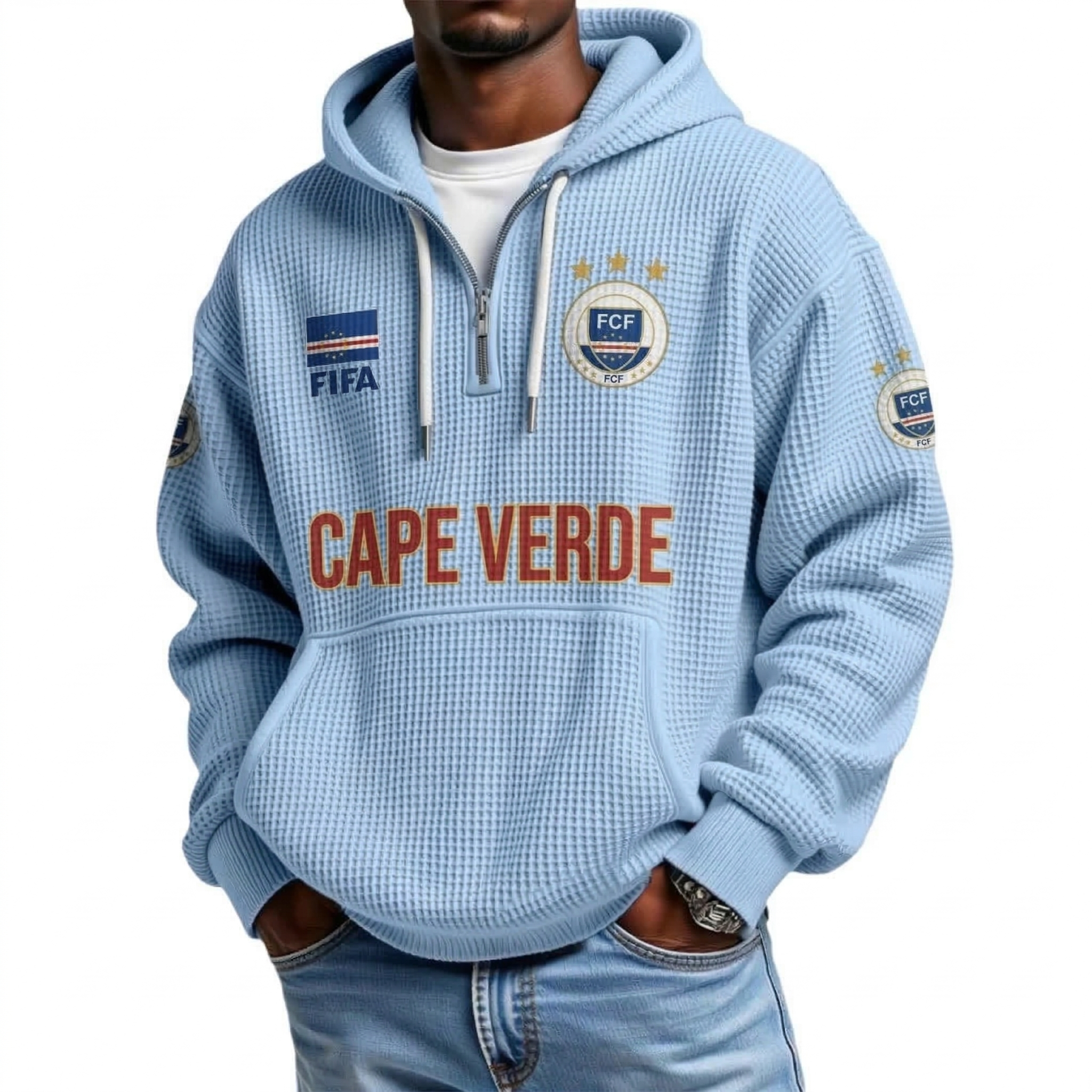 FIFA 2026 Cape Verde Printed Waffle Quarter Zip Football Fan Hoodie