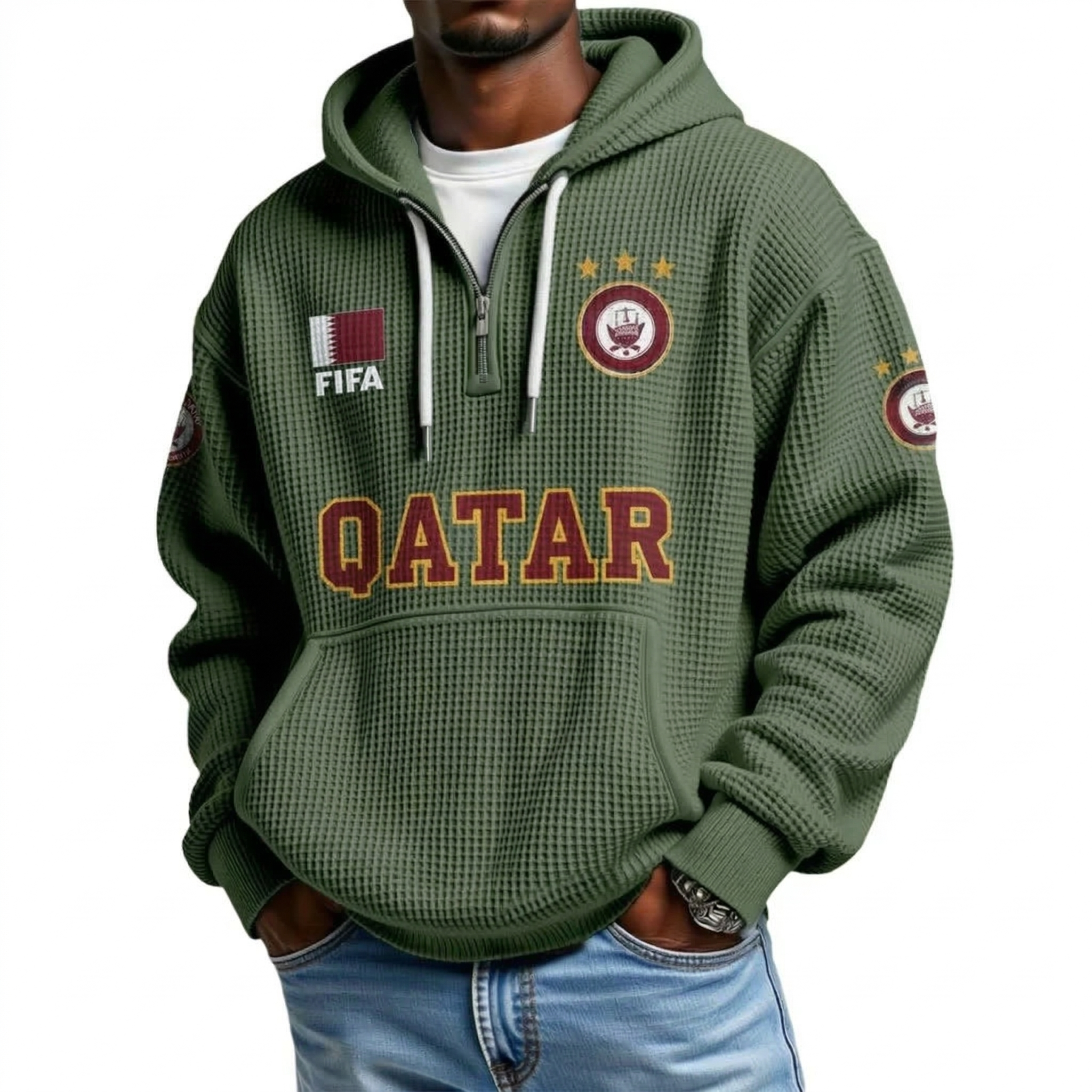 FIFA 2026 Qatar Printed Waffle Quarter Zip Football Fan Hoodie