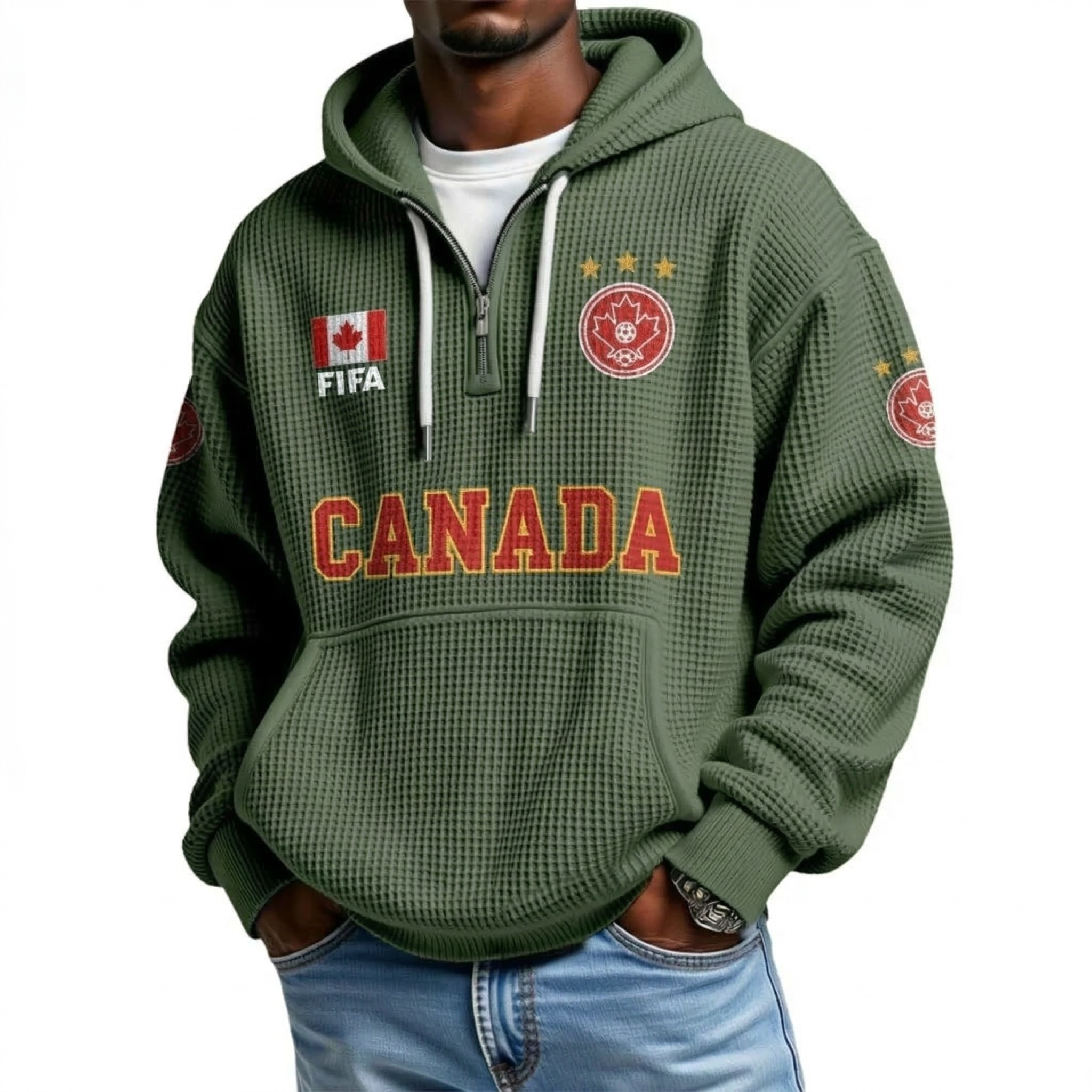 FIFA 2026 Canada Printed Waffle Quarter Zip Football Fan Hoodie