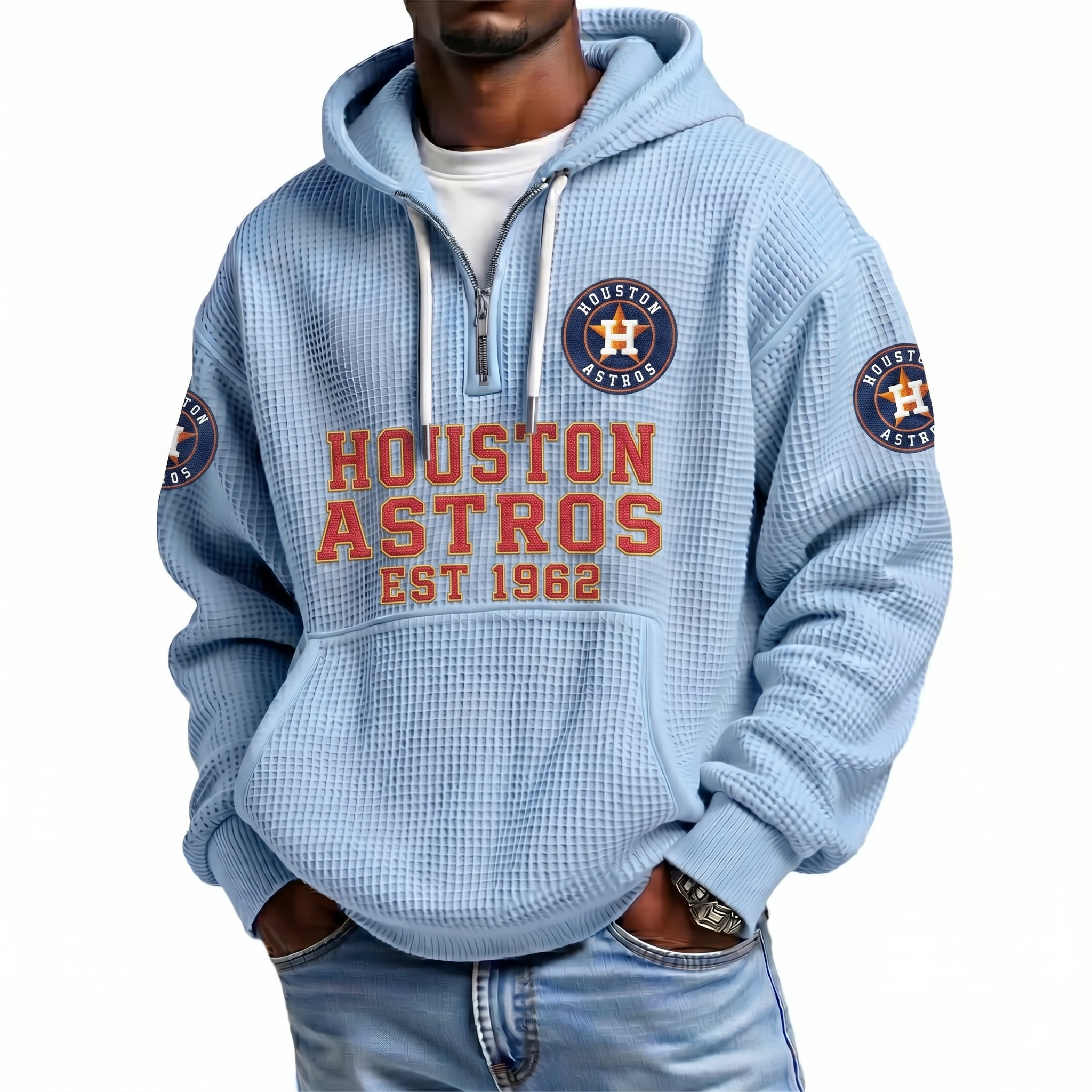 Houston Astros EST 1962 Printed Waffle Quarter Zip Baseball Fan Hoodie