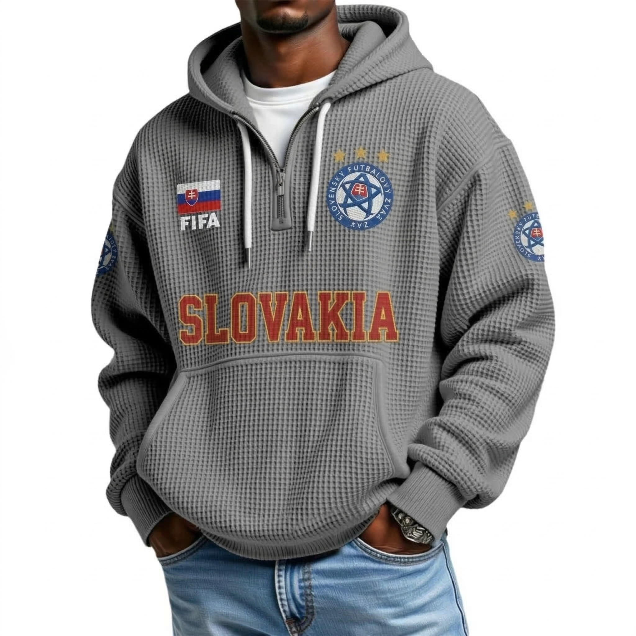 FIFA 2026 Slovakia Printed Waffle Quarter Zip Football Fan Hoodie