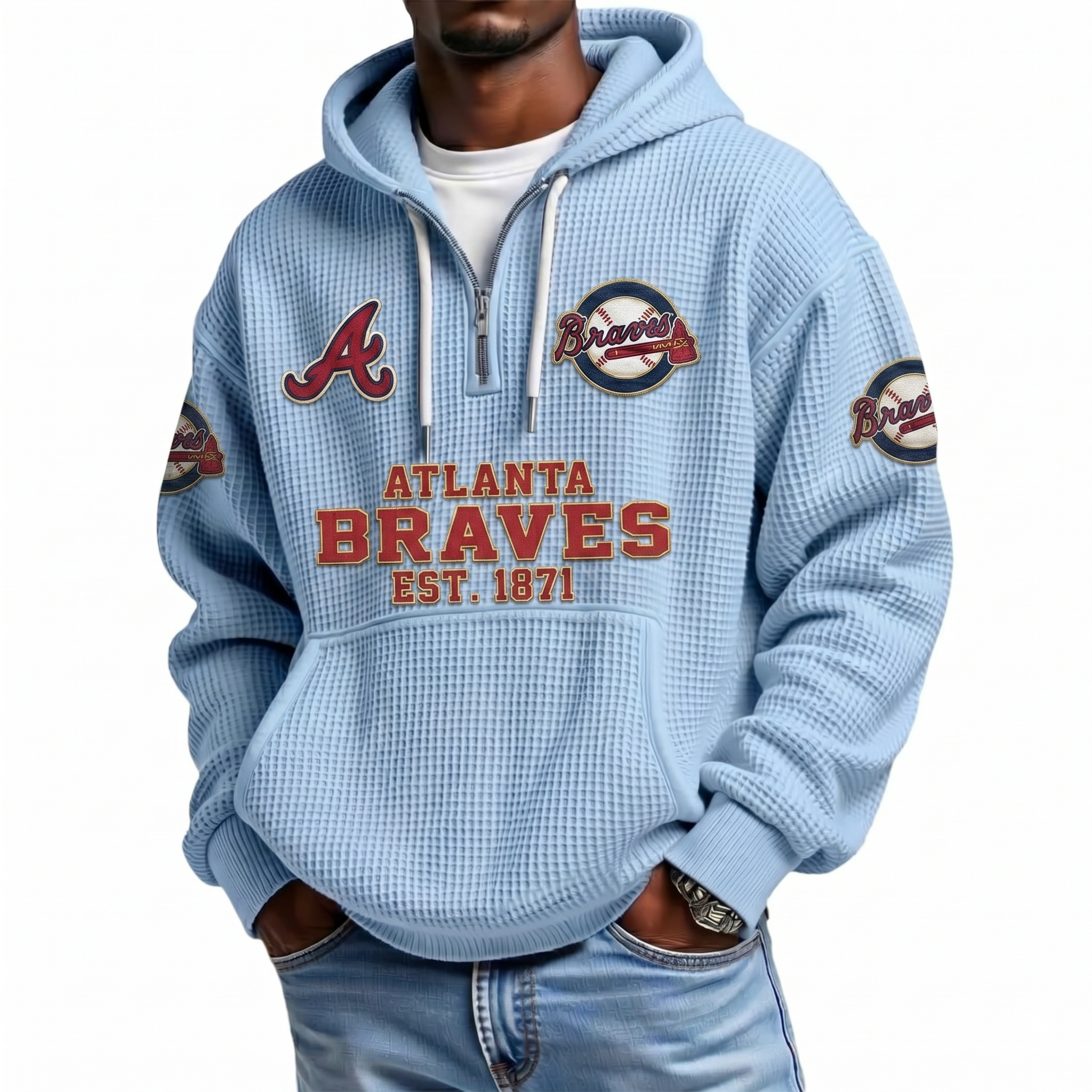 Atlanta Braves EST 1871 Printed Waffle Quarter Zip Baseball Fan Hoodie