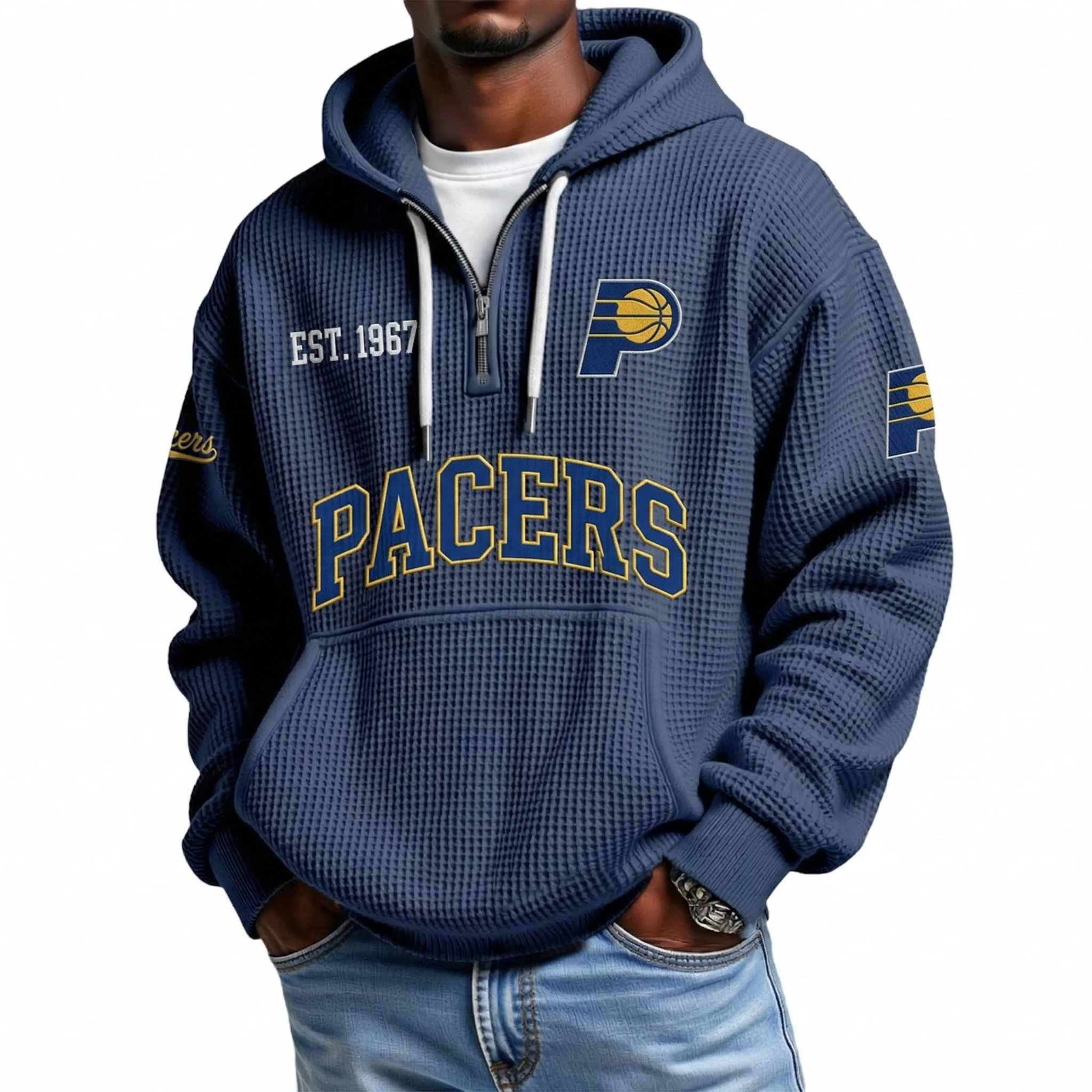 Indiana Pacers EST 1967 Printed Waffle Quarter Zip Basketball Fan Hoodie