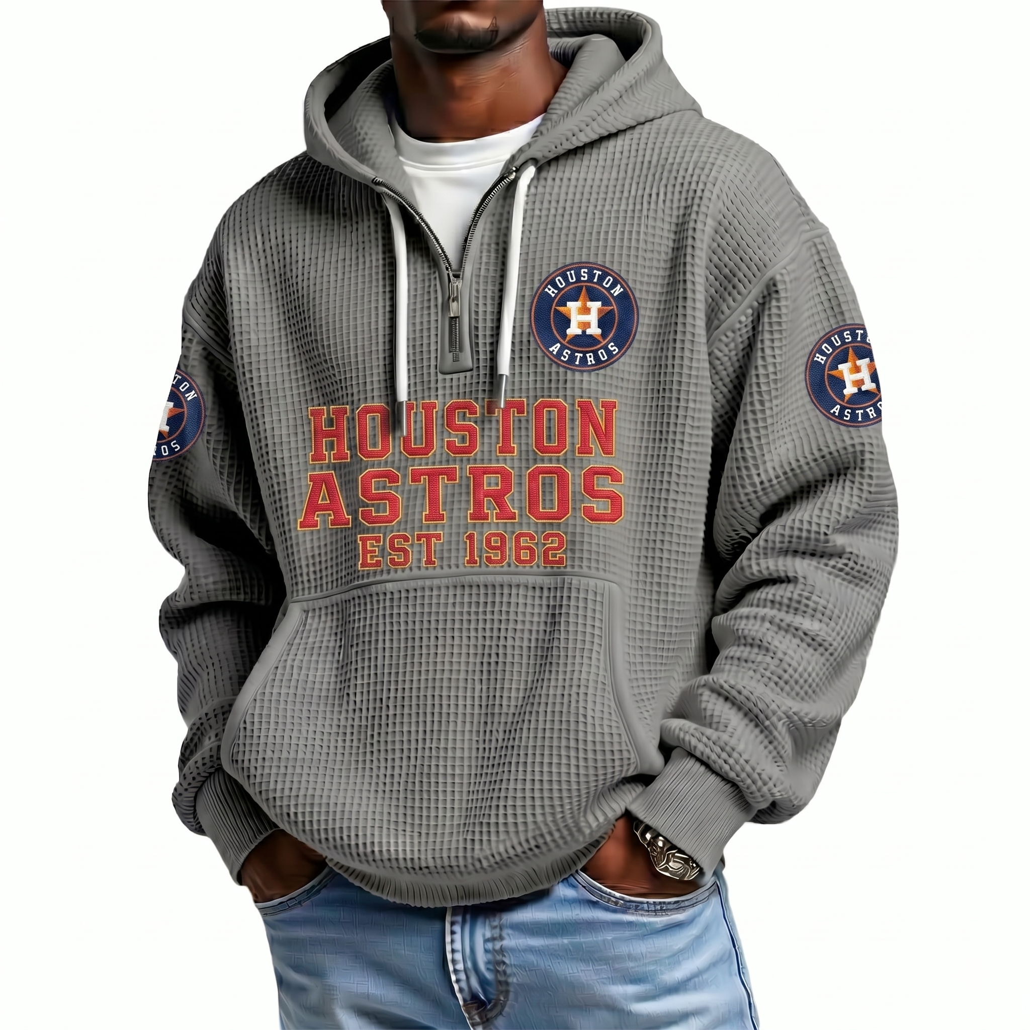 Houston Astros EST 1962 Printed Waffle Quarter Zip Baseball Fan Hoodie
