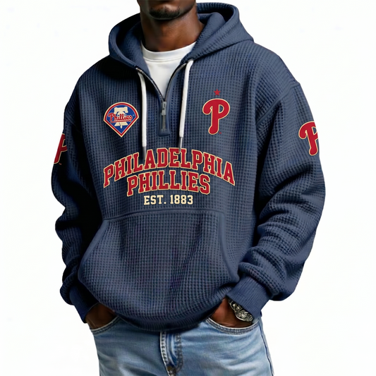 Philadelphia Phillies EST 1883 Printed Waffle Quarter Zip Baseball Fan Hoodie