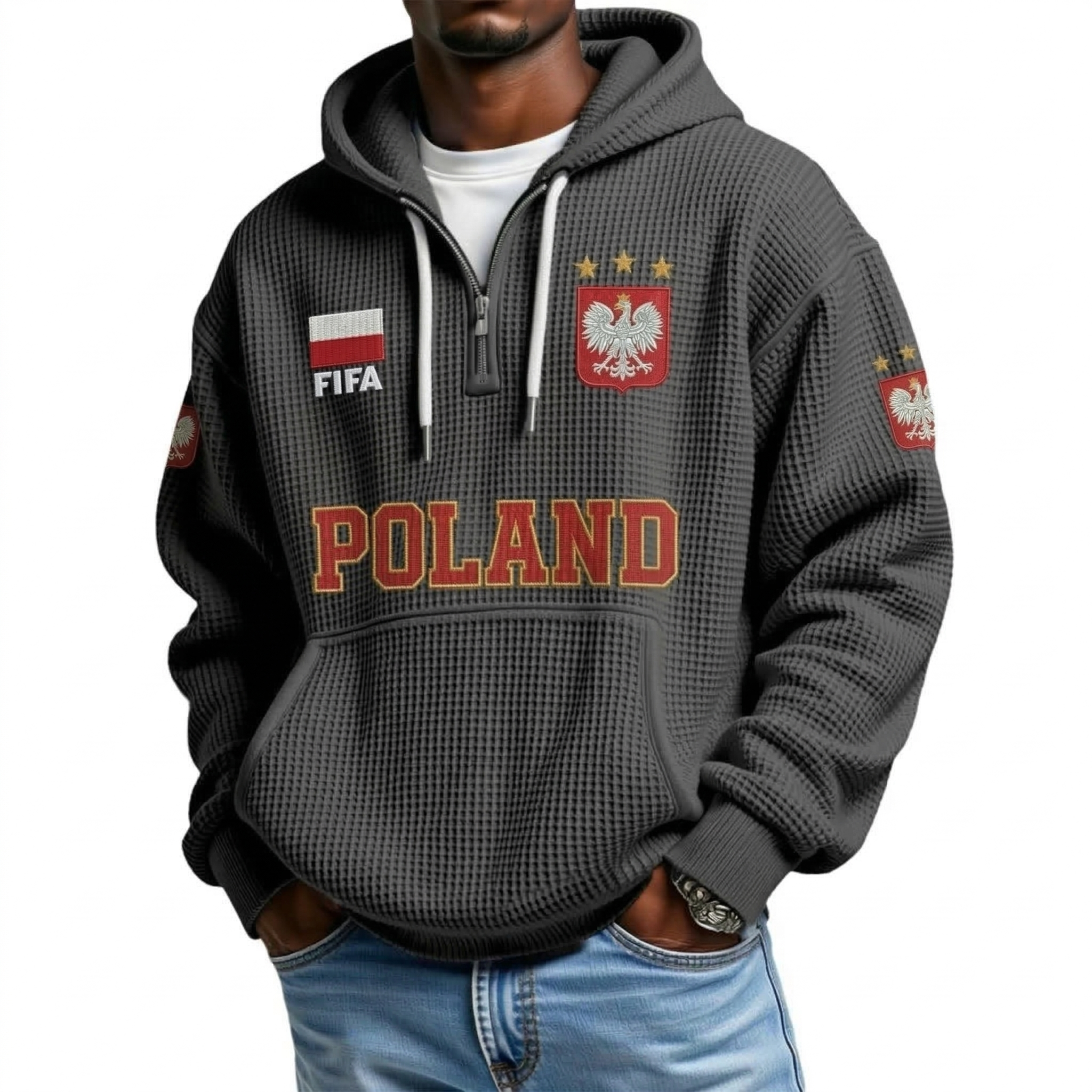 FIFA 2026 Poland Printed Waffle Quarter Zip Football Fan Hoodie