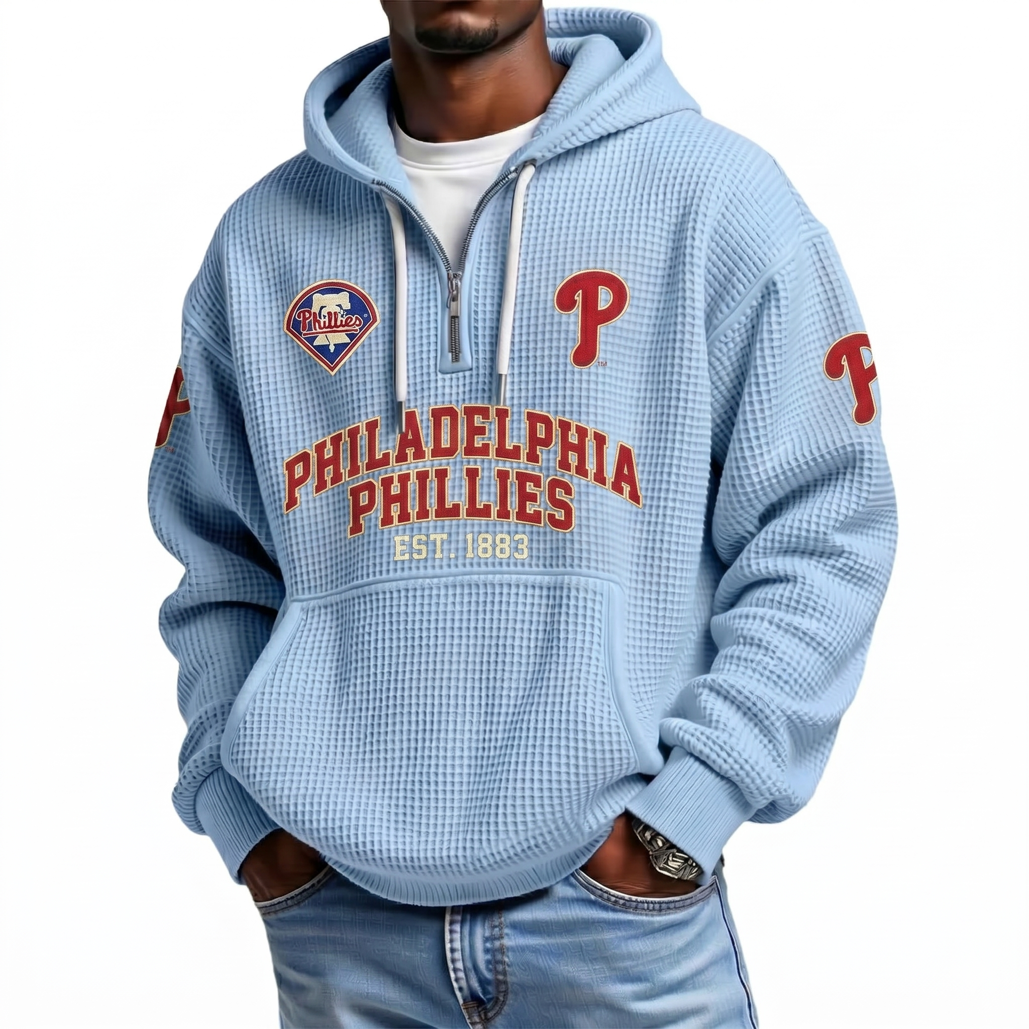 Philadelphia Phillies EST 1883 Printed Waffle Quarter Zip Baseball Fan Hoodie