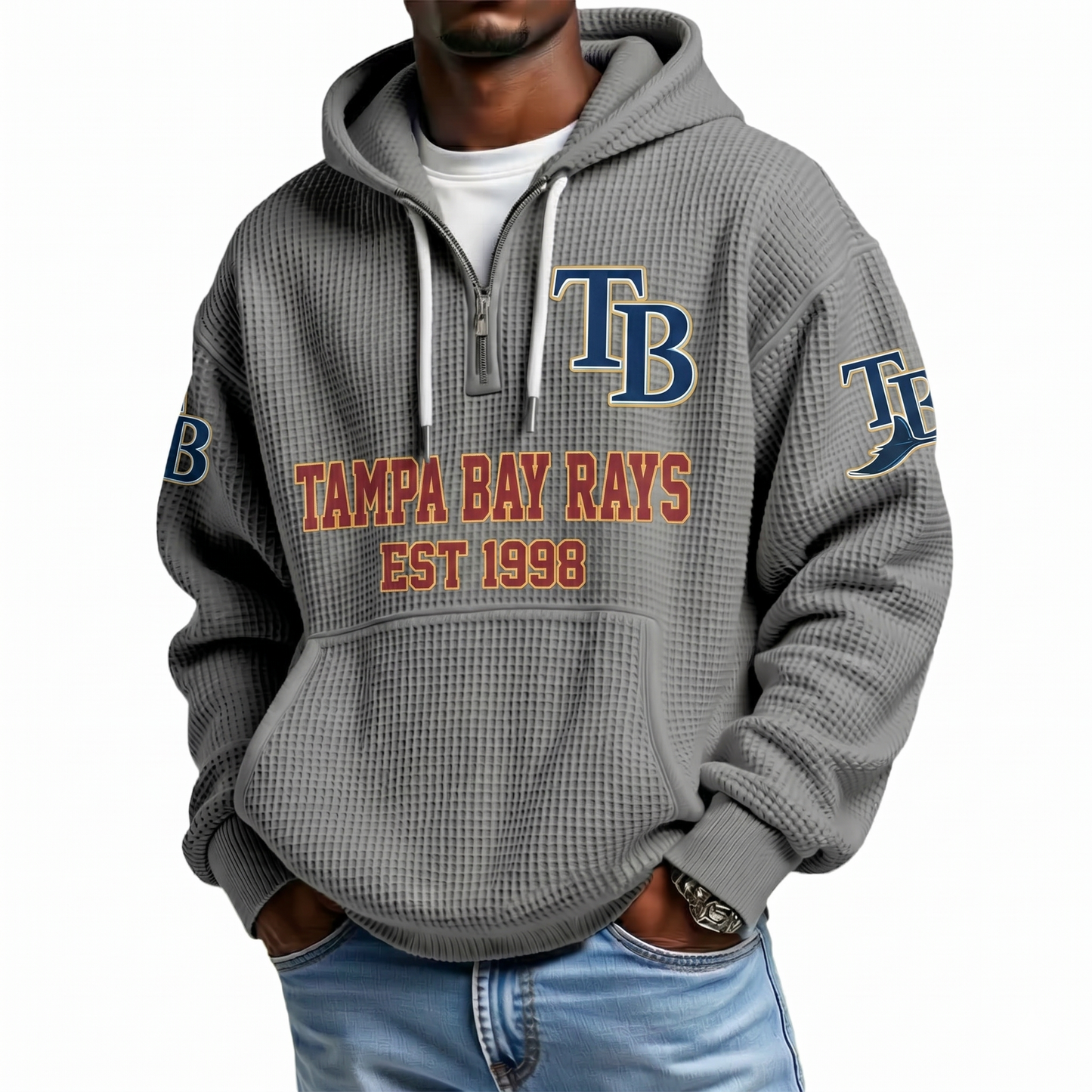 Tampa Bay Rays EST 1998 Printed Waffle Quarter Zip Baseball Fan Hoodie