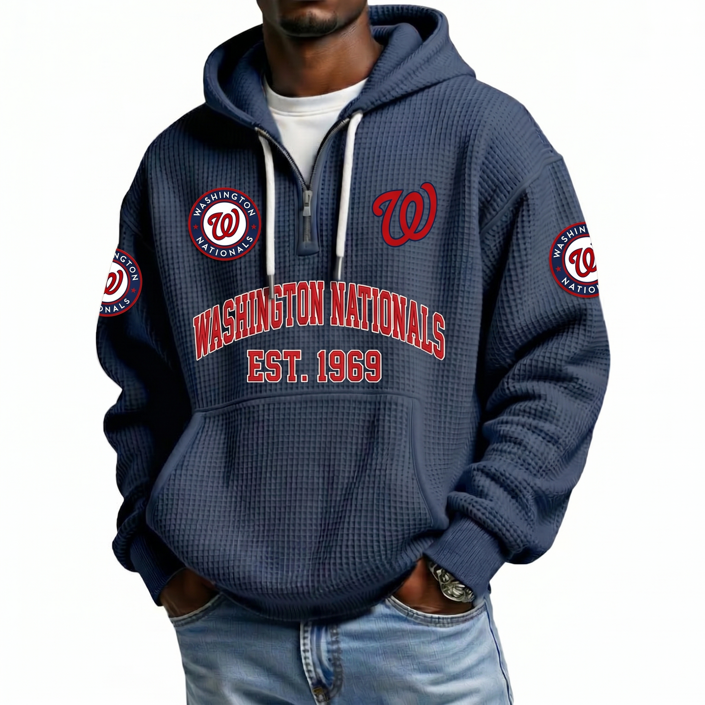 Washington Nationals EST 1969 Printed Waffle Quarter Zip Baseball Fan Hoodie