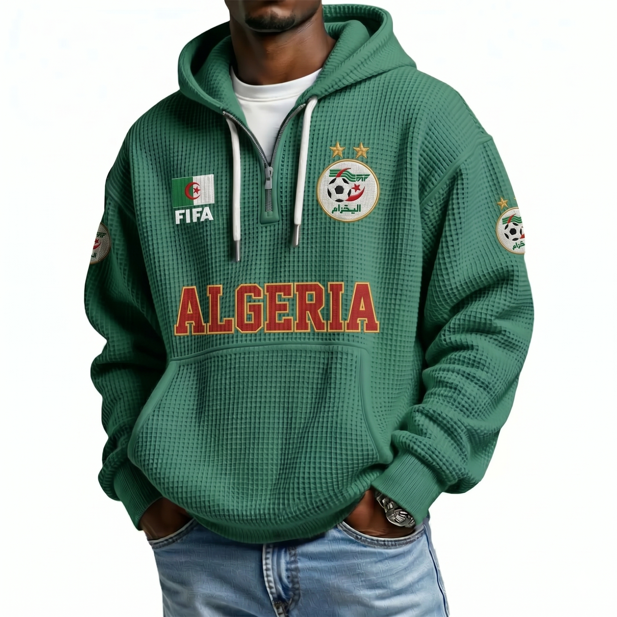 FIFA 2026 Algeria Printed Waffle Quarter Zip Football Fan Hoodie