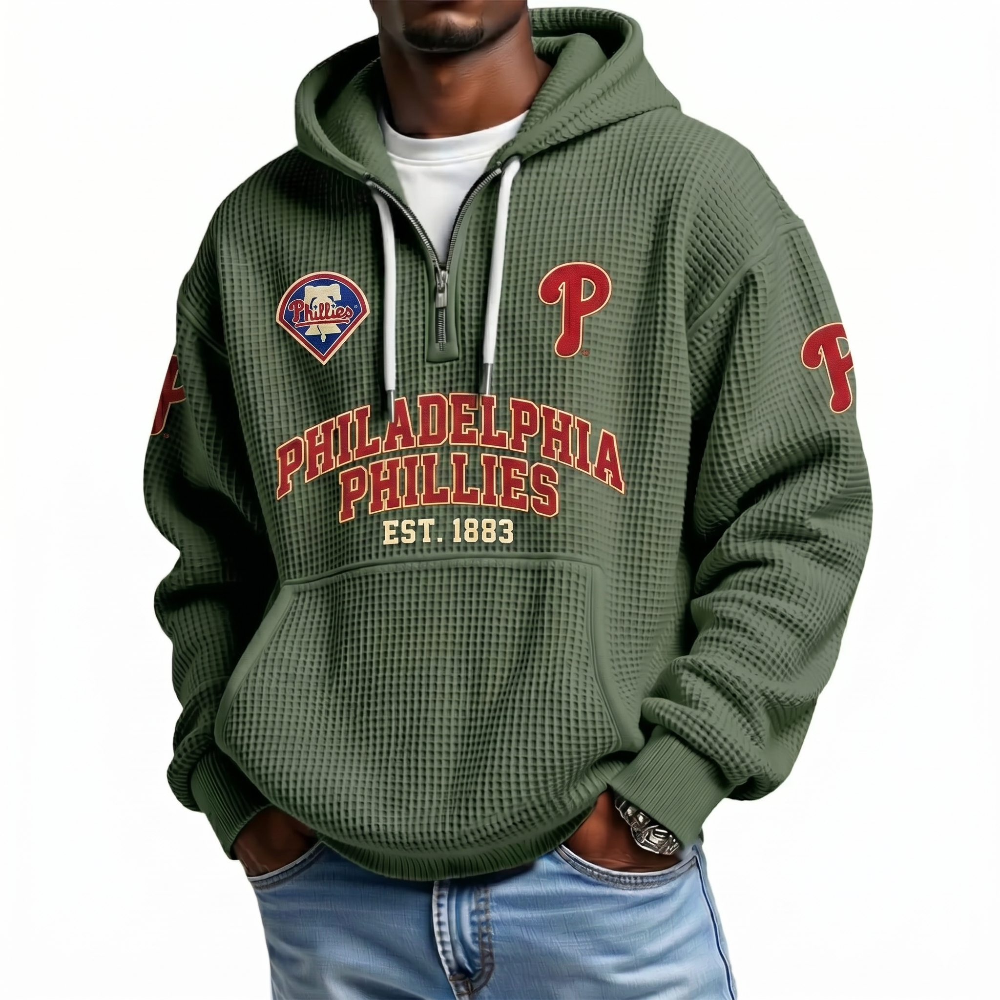 Philadelphia Phillies EST 1883 Printed Waffle Quarter Zip Baseball Fan Hoodie