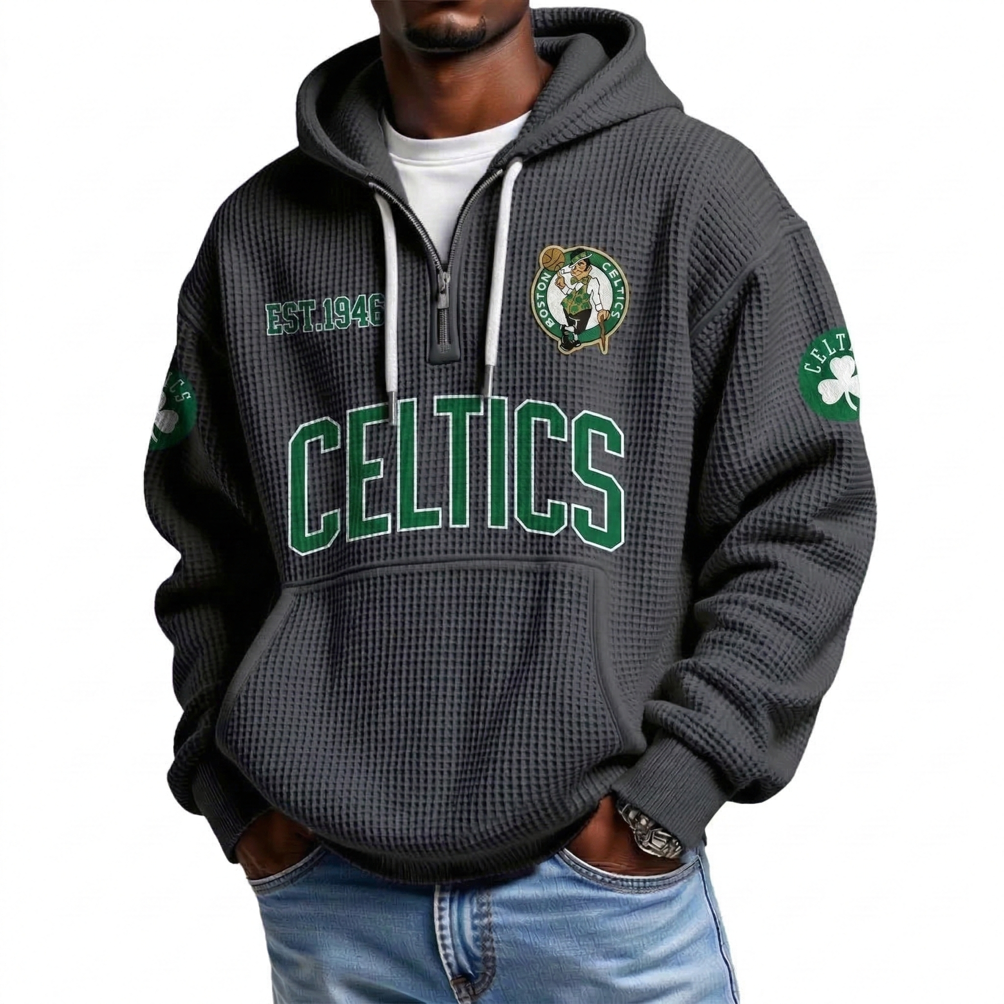 Boston Celtics EST 1946 Printed Waffle Quarter Zip Basketball Fan Hoodie