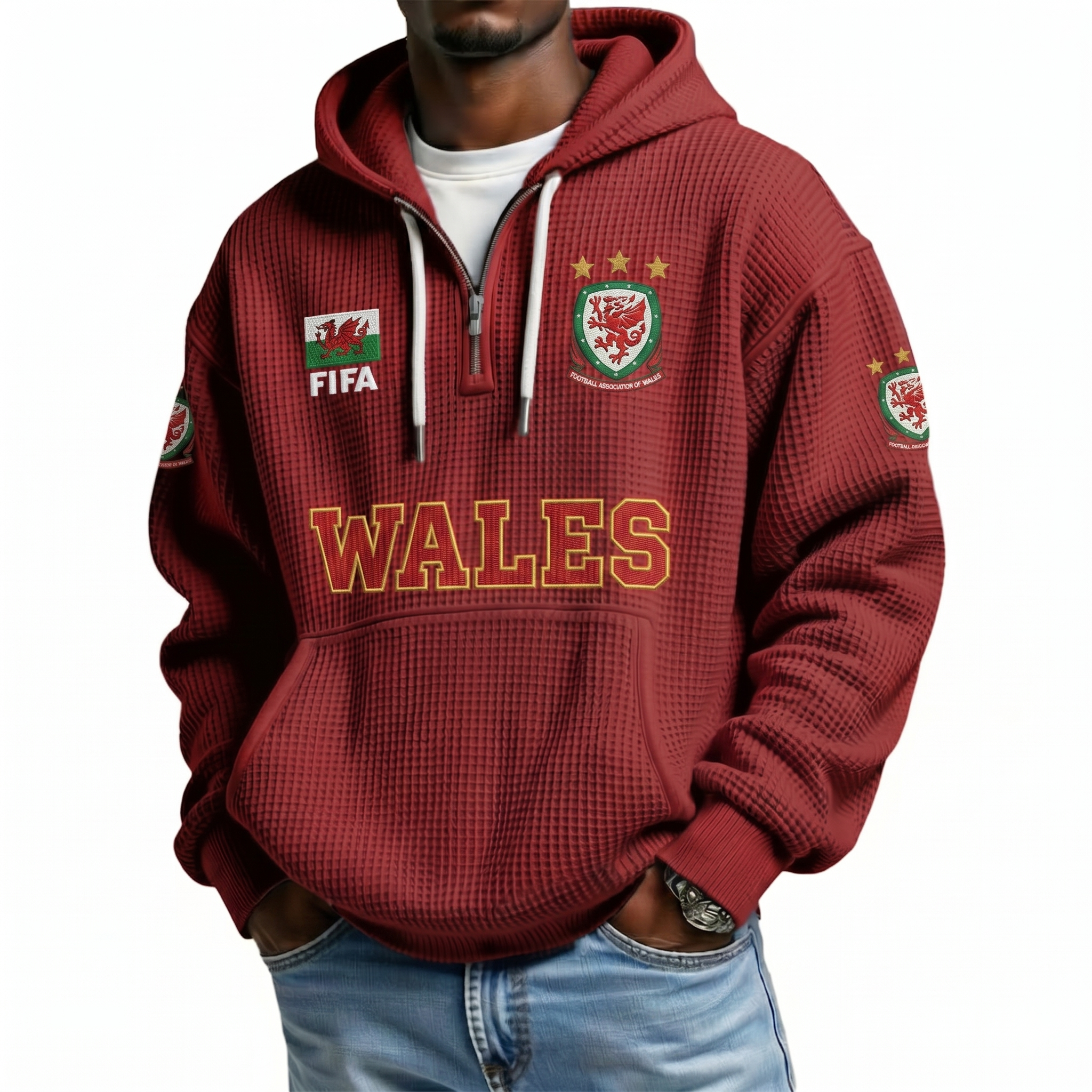 FIFA 2026 Wales Printed Waffle Quarter Zip Football Fan Hoodie