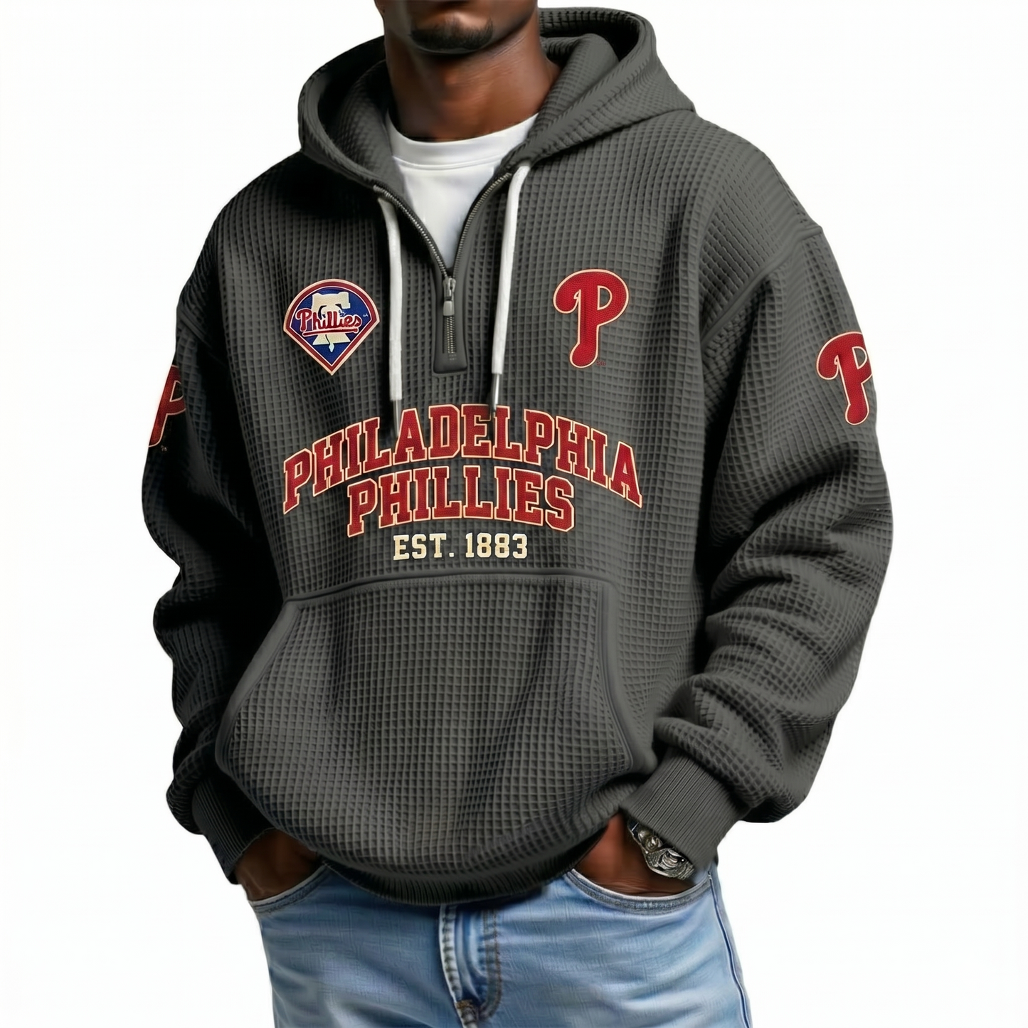 Philadelphia Phillies EST 1883 Printed Waffle Quarter Zip Baseball Fan Hoodie