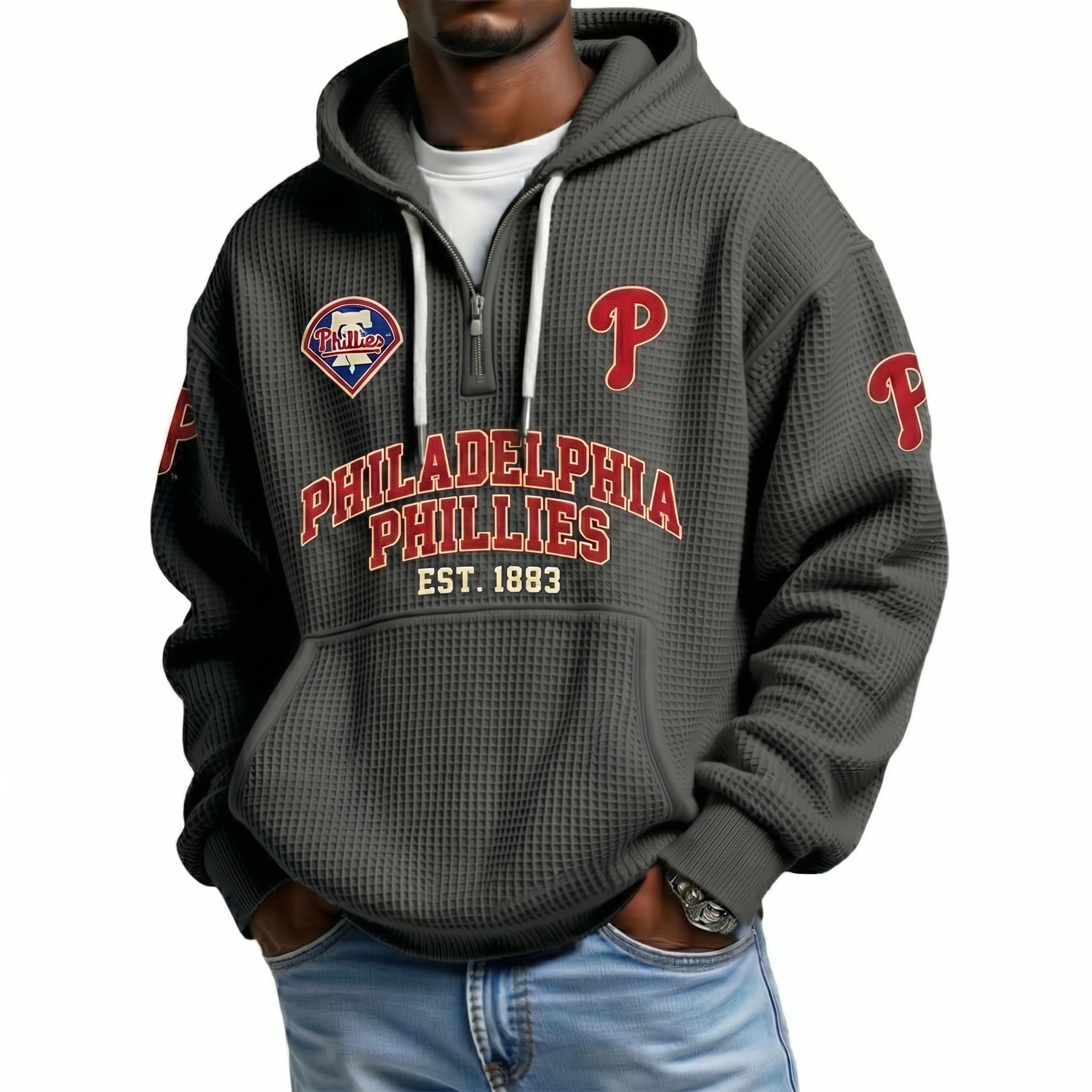 Philadelphia Phillies EST 1883 Printed Waffle Quarter Zip Baseball Fan Hoodie