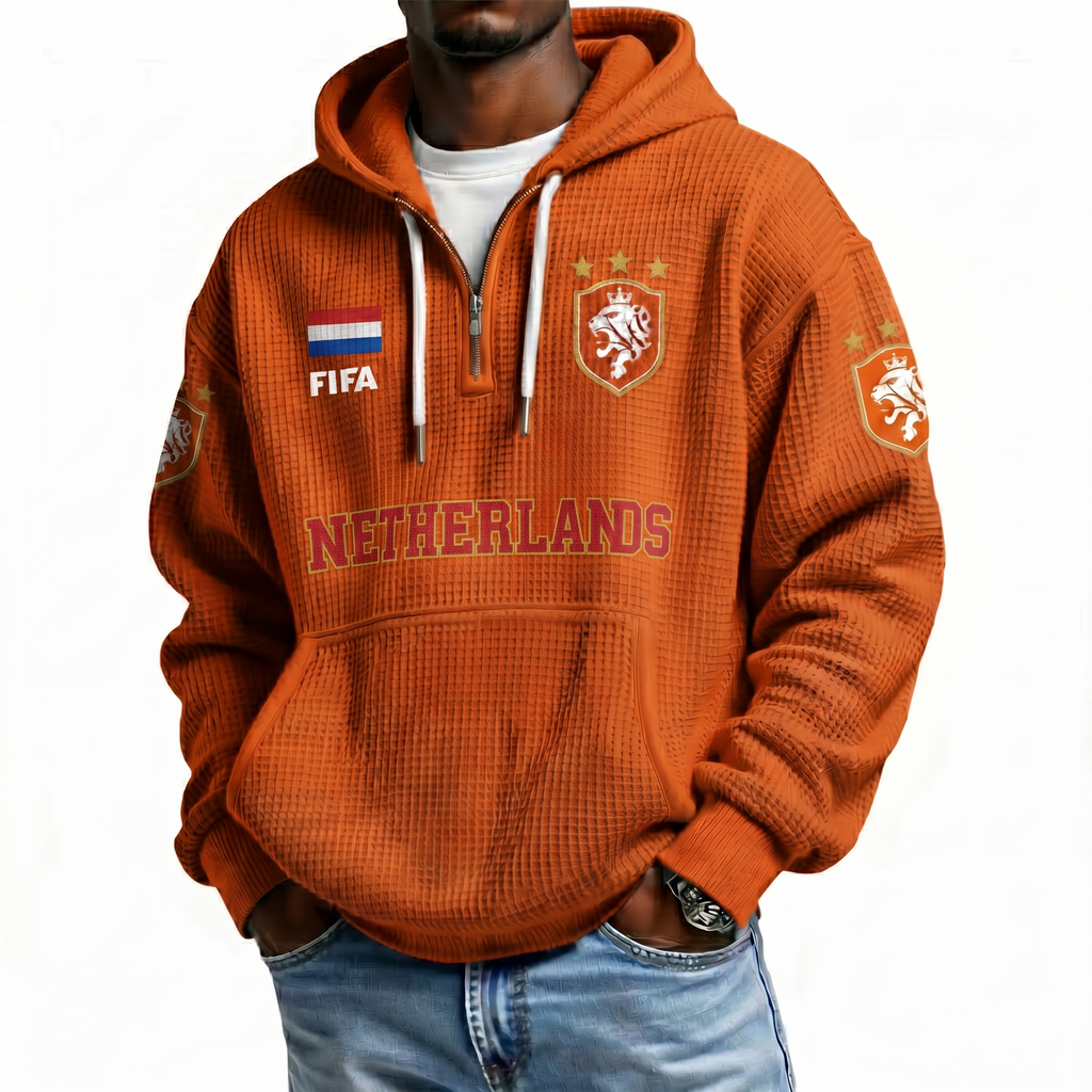 FIFA 2026 Netherlands Printed Waffle Quarter Zip Football Fan Hoodie