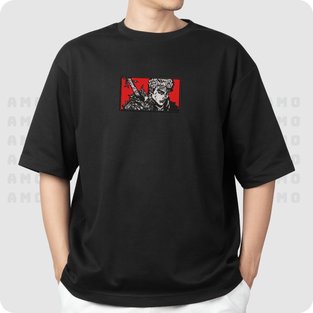 Guts Berserk Anime Embroidered T-Shirt – Dark Fantasy Embroidery Tee for Fans