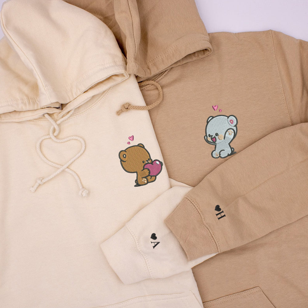 Custom Embroidered Hoodies For Couples, Cute Loving Bears Valentine Couples Embroidered Hoodie