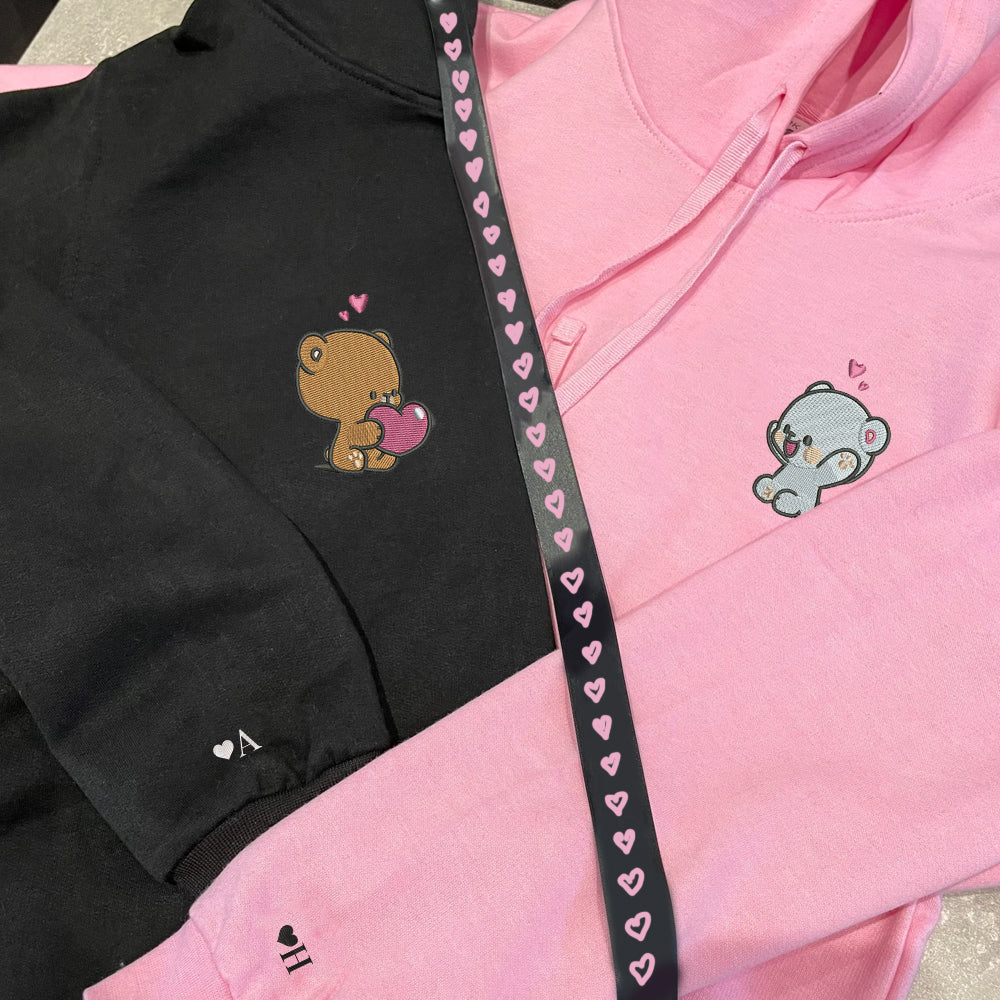 Custom Embroidered Hoodies For Couples, Cute Loving Bears Valentine Couples Embroidered Hoodie