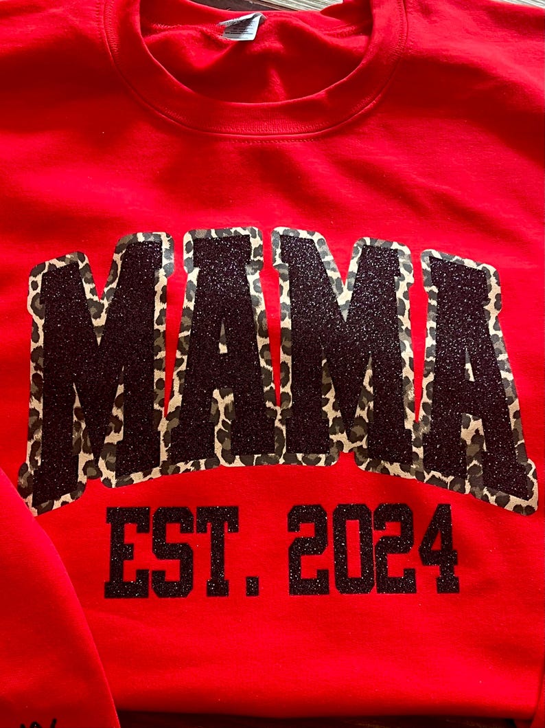 Custom Leopard Embroidery Mama Est Yaer Glitter Sweatshirt With Kids Name