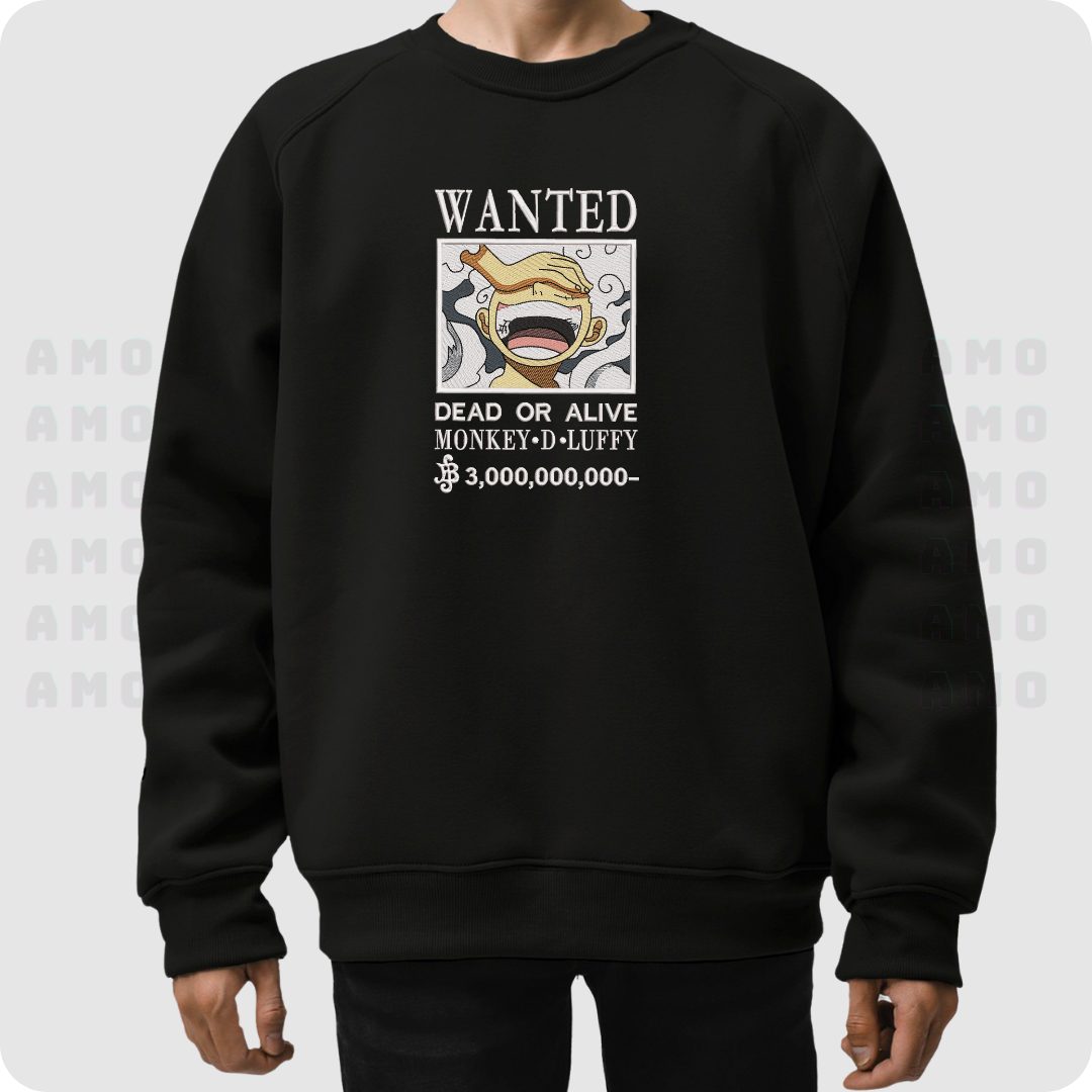 One Piece Luffy Wanted Embroidered Sweater – Anime Bounty Pullover for Fans