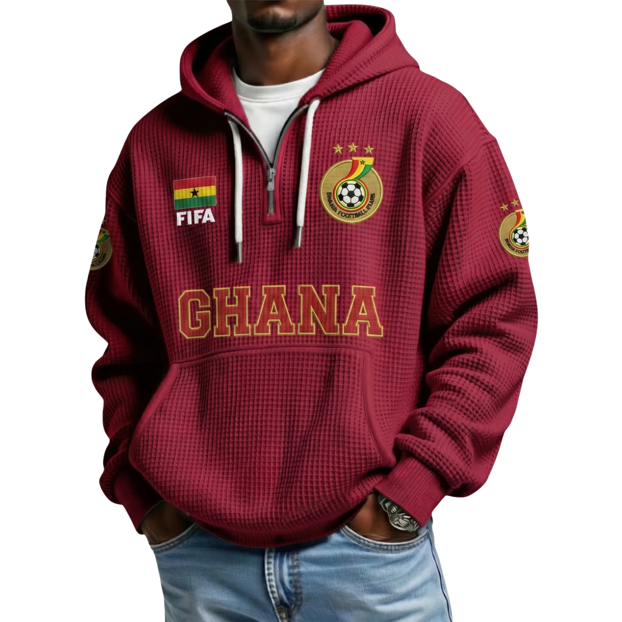 FIFA 2026 Ghana Printed Waffle Quarter Zip Football Fan Hoodie