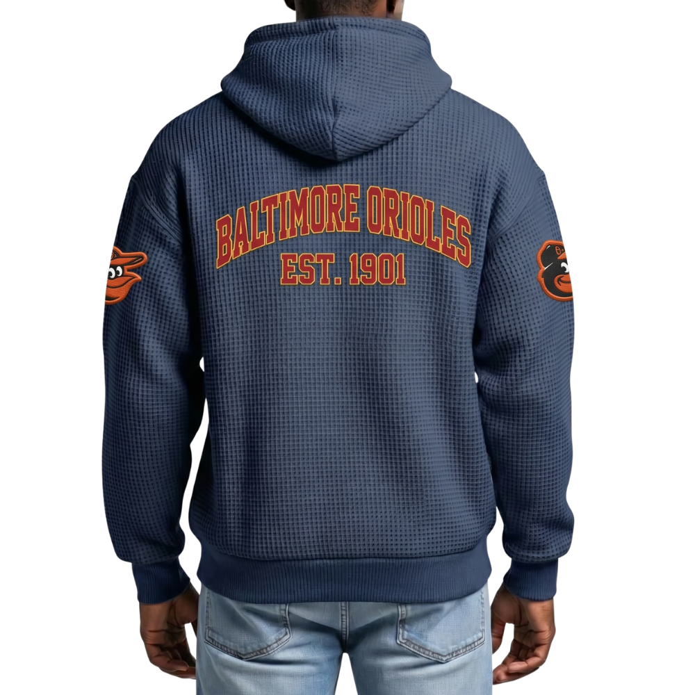 Baltimore Orioles EST 1901 Printed Waffle Quarter Zip Baseball Fan Hoodie