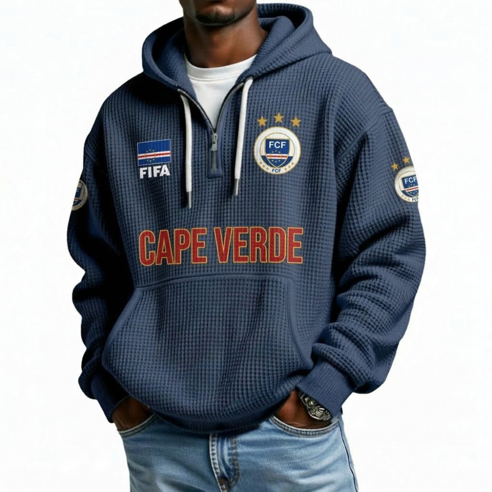 FIFA 2026 Cape Verde Printed Waffle Quarter Zip Football Fan Hoodie