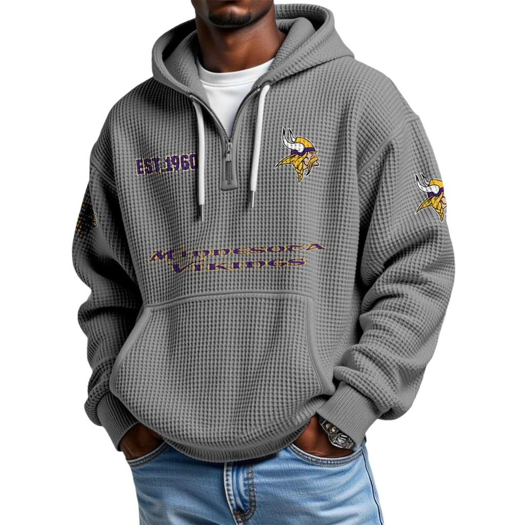 Minnesota Vikings Football Team Themed Hoodie With Quarter Zip And Classic EST 1960 Logo