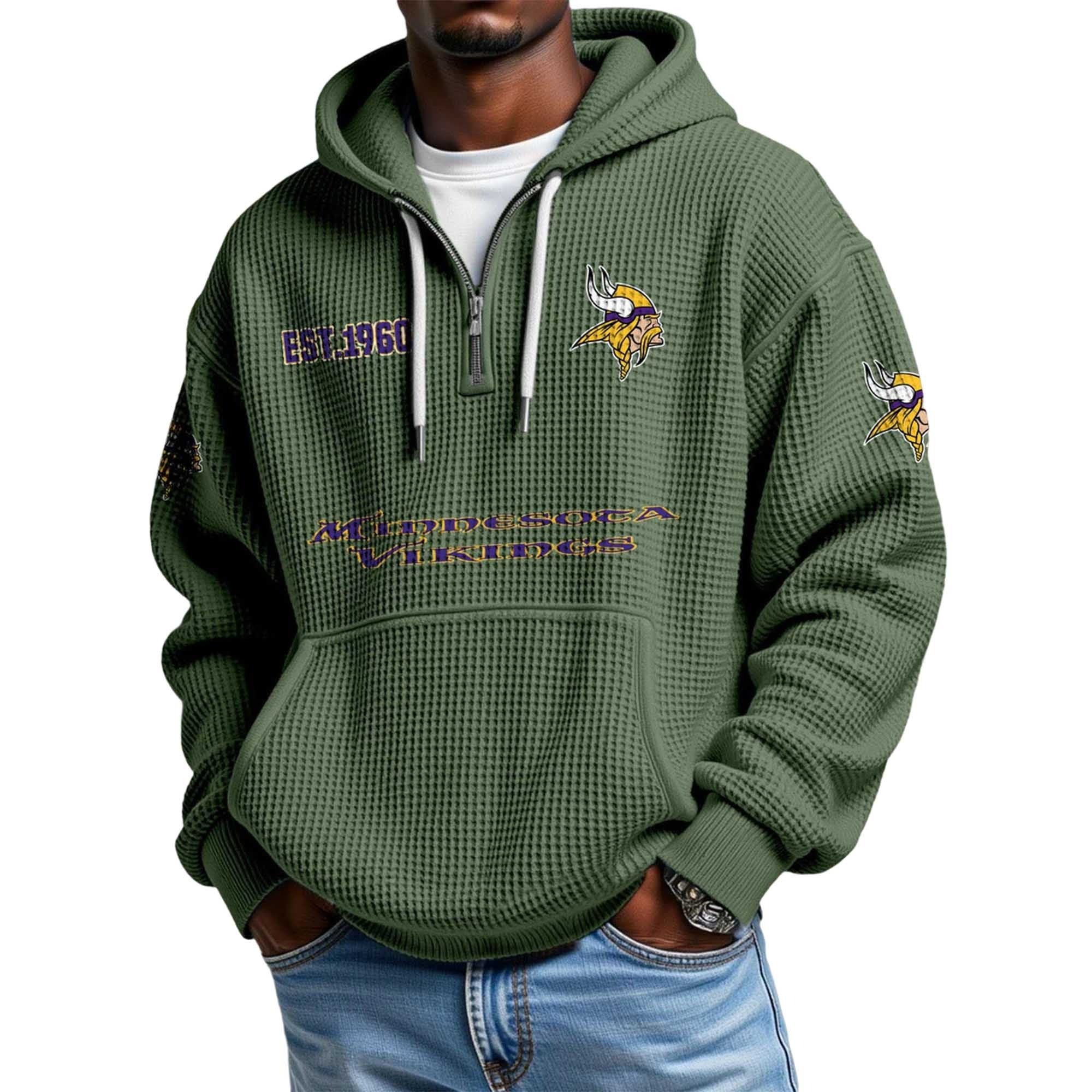 Minnesota Vikings Football Team Themed Hoodie With Quarter Zip And Classic EST 1960 Logo