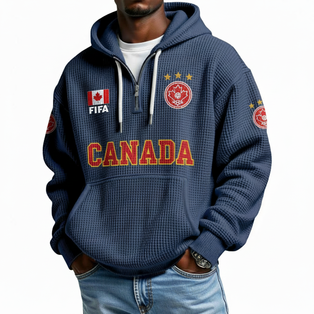 FIFA 2026 Canada Printed Waffle Quarter Zip Football Fan Hoodie