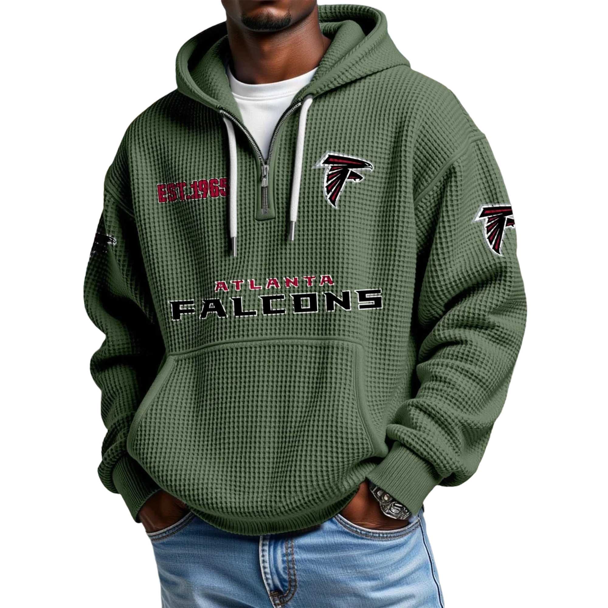 Atlanta Falcons EST 1965 Printed Quarter Zip Waffle Football Fan Hoodie