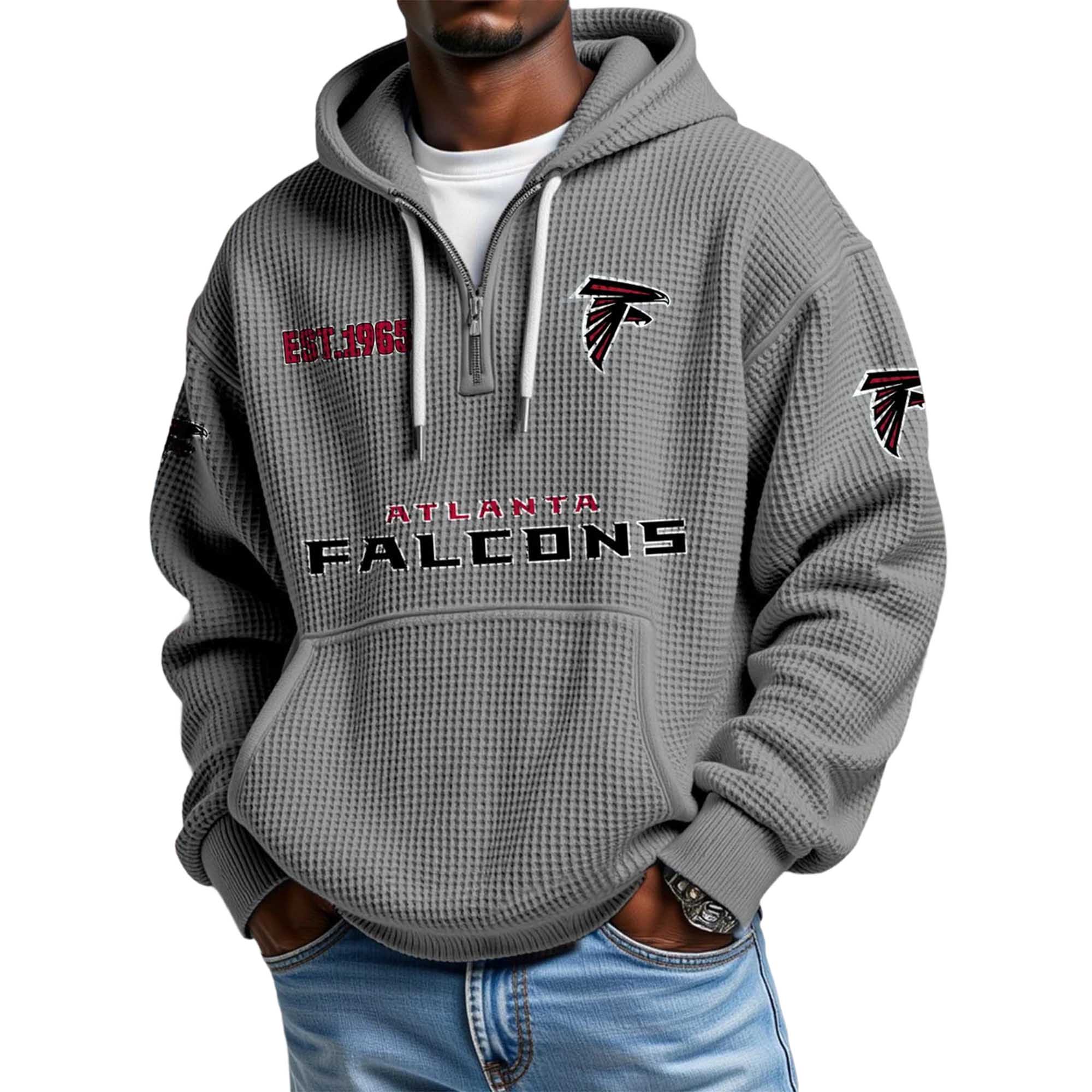 Atlanta Falcons EST 1965 Printed Quarter Zip Waffle Football Fan Hoodie